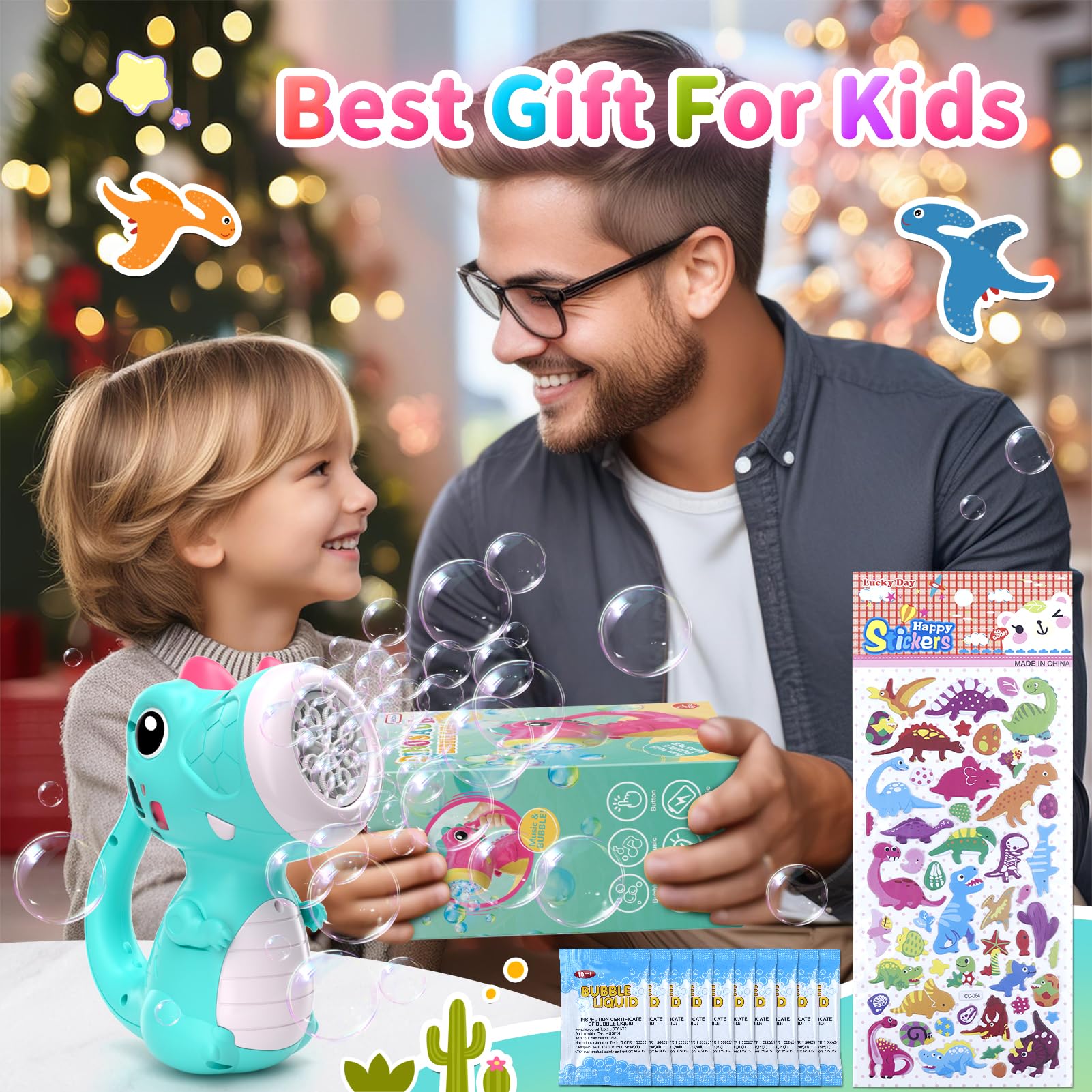 Dinosaur Bubble Machine Toy with Lights & Music - Outdoor Bubble Blower for Kids Ages 2-5 - Fun Toddler Toys for Boys & Girls - Perfect Birthday Gift for 2 3 4 5 Year Olds (Includes Bubble Solution, Blue) | Great for Backyard Play, Birthday Parties & Outdoor Activities