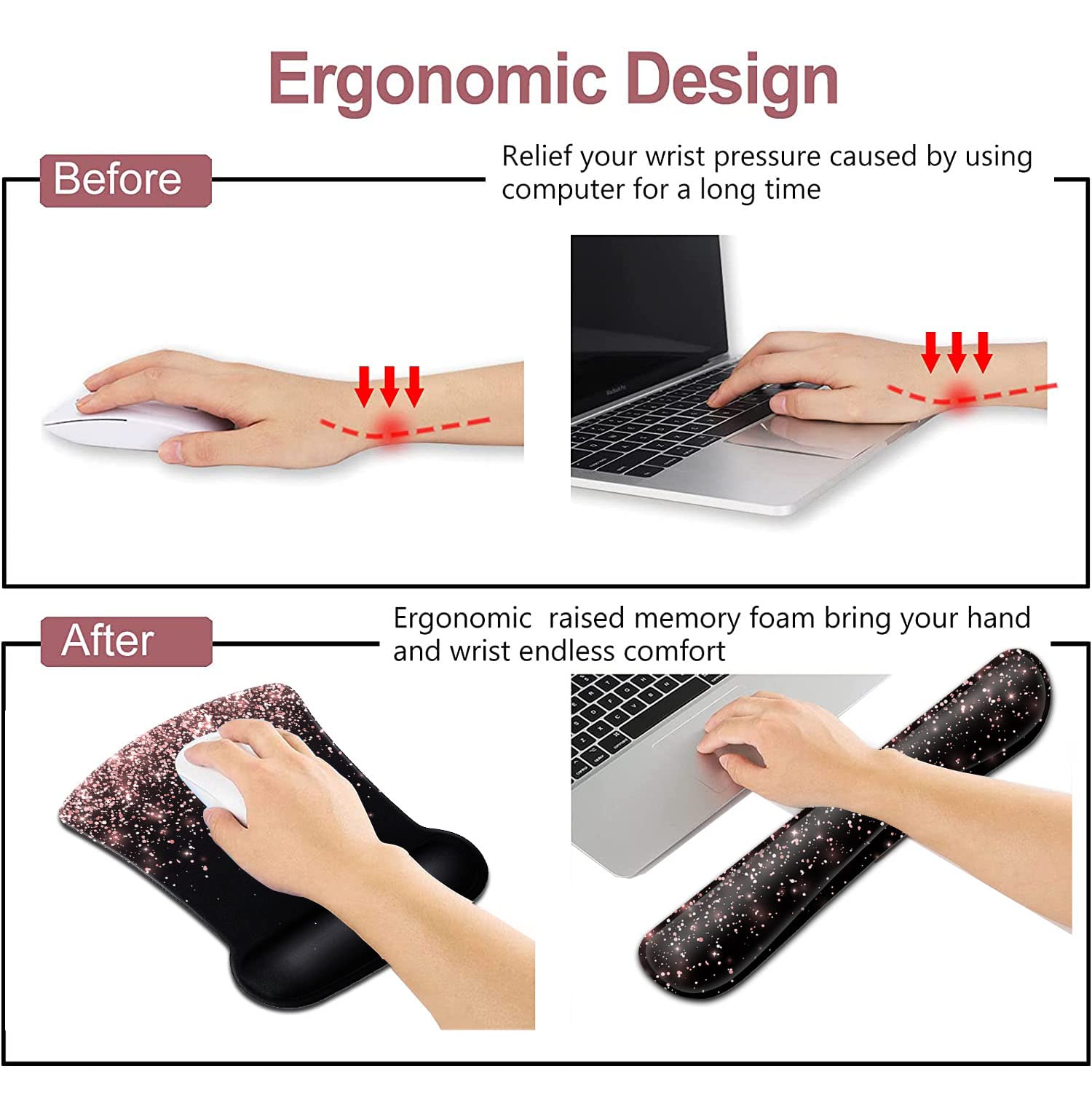 Ergonomic Gel Mouse Pad with Wrist Support - Soft Memory Foam Keyboard Wrist Rest for Office Typing & Gaming - Rose Gold Glitter & Black Dirt-Resistant Design - Perfect for Home Office, Computer Work & PC Gaming Setup