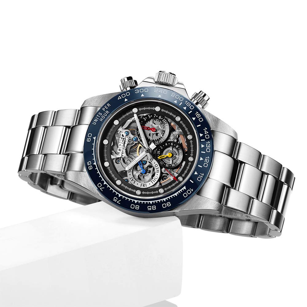 LOREO Men's Automatic Watch - Silver Stainless Steel, Sapphire Glass, Ceramic Bezel with Date - Military Diving Waterproof Watch for Outdoor Adventure & Business Casual Wear