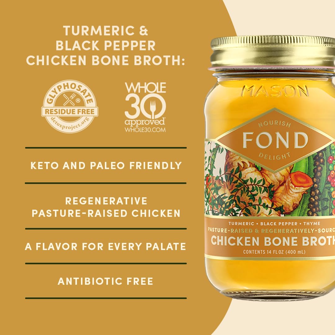 Organic Turmeric & Black Pepper Infused FOND Pasture-Raised Regenerative Chicken Bone Broth - Keto, Paleo & Immune Support for Soups, Cooking & Wellness