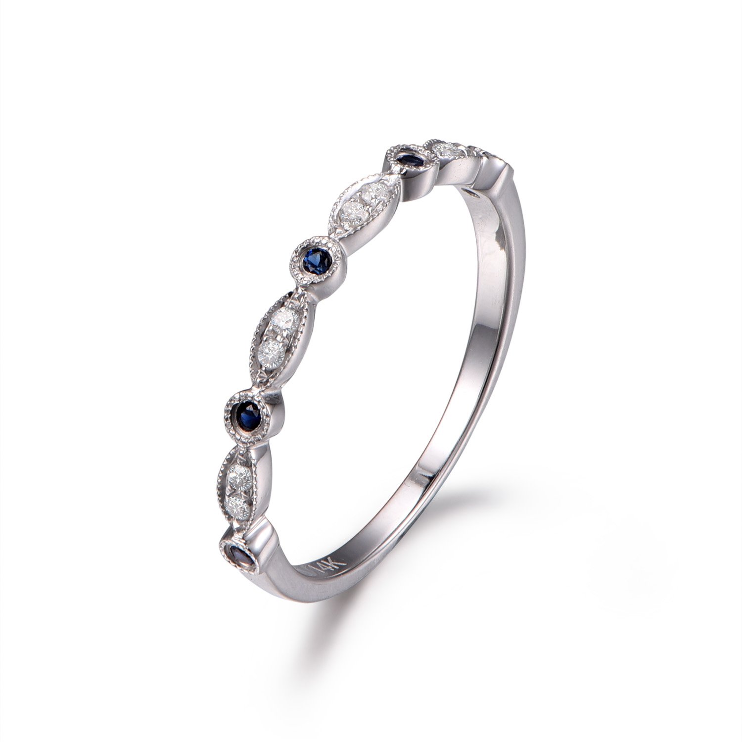 14K White Gold Sapphire Diamond Wedding Band - Half Eternity Bezel Set Ring with Milgrain Detailing | Art Deco Style Bridal Jewelry for Weddings, Anniversaries & Special Occasions
