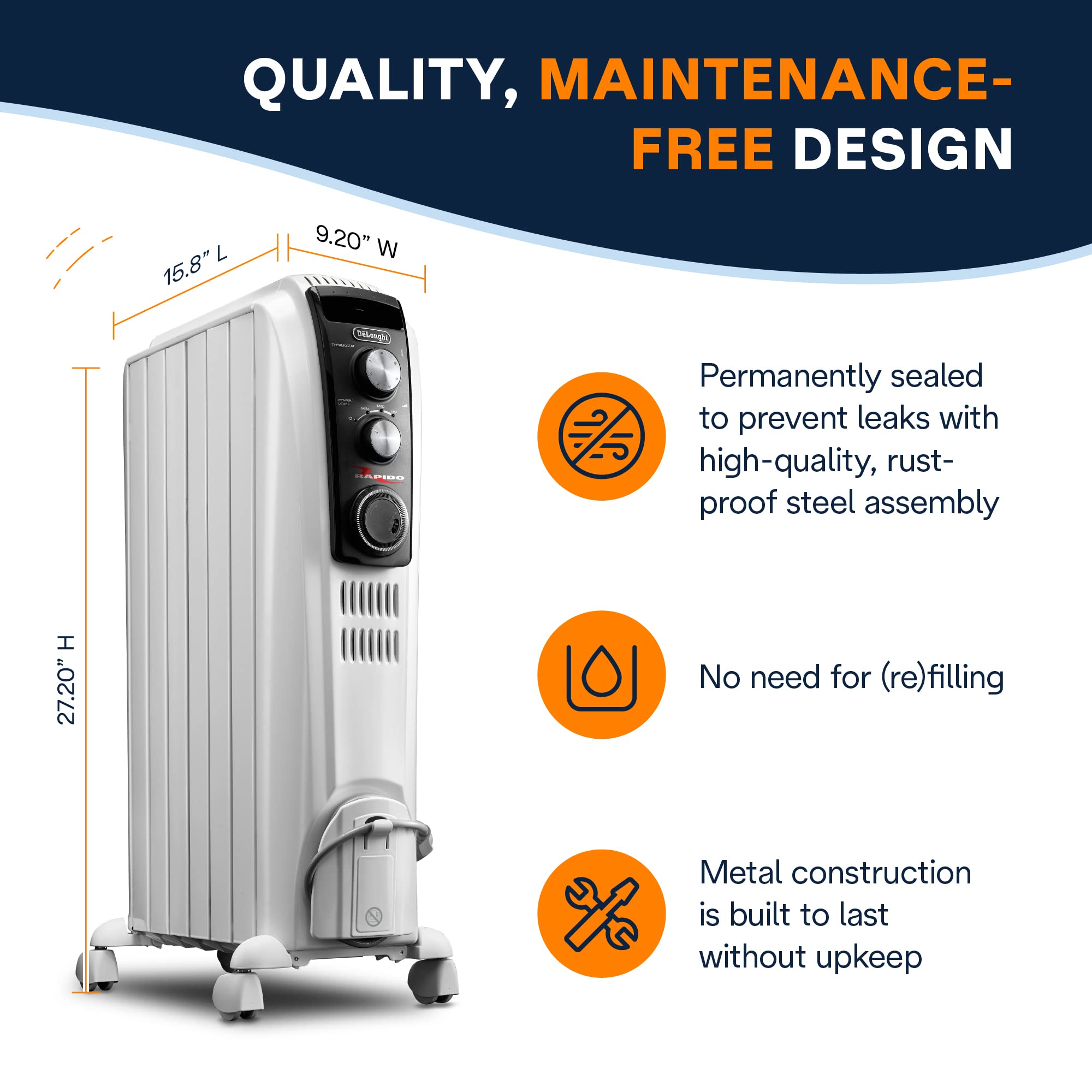 De'Longhi TRD40615T 1500W Oil Filled Radiator Heater - Portable Electric Space Heater with Programmable Timer & Safety Features for Bedroom, Office, Living Room | Indoor Room Heater for Winter Home Heating