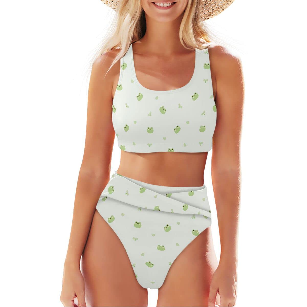 Women's High Waisted Bikini Set with Little Frog Print - 2 Piece Swimwear with Wide Straps for Beach, Pool & Summer Vacations
