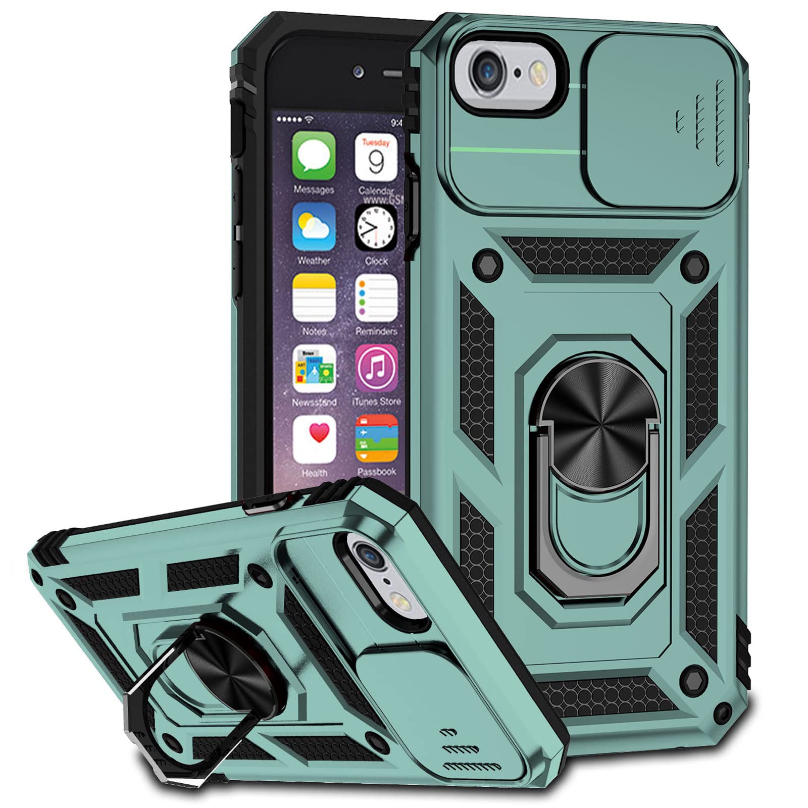 Ezavan Armor Case for iPhone SE 2022/2020 & iPhone 8/7 - Military Grade Protective Phone Case with Kickstand, Slide Camera Cover & Magnetic Ring Stand | Perfect for Outdoor, Travel & Daily Use (Dark Green)