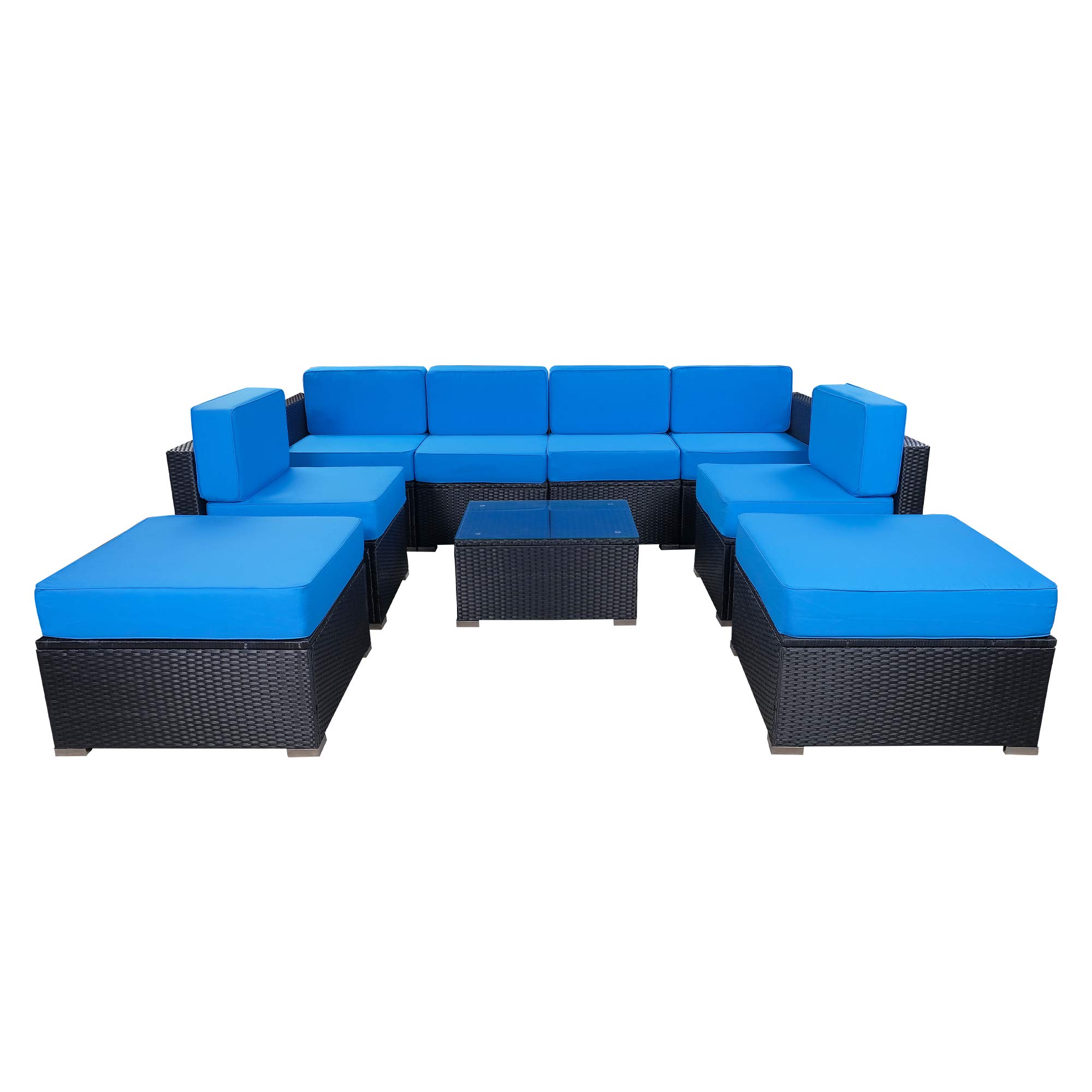 MCombo 9-Piece Outdoor Patio Furniture Set - Wicker Sectional Sofa with 2 Ottomans, Glass Coffee Table & Cushions (Blue) - Perfect for Backyard, Garden, Poolside & Patio Relaxation