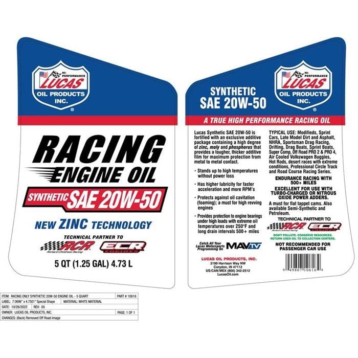 Lucas Oil 10621 SAE 20W-50 High Performance Racing Engine Oil - 5 Quart (Pack of 3) | Premium Motor Oil for Racing Cars, Classic Vehicles & High Mileage Engines | Ideal for Track Days, Drag Racing & Engine Protection
