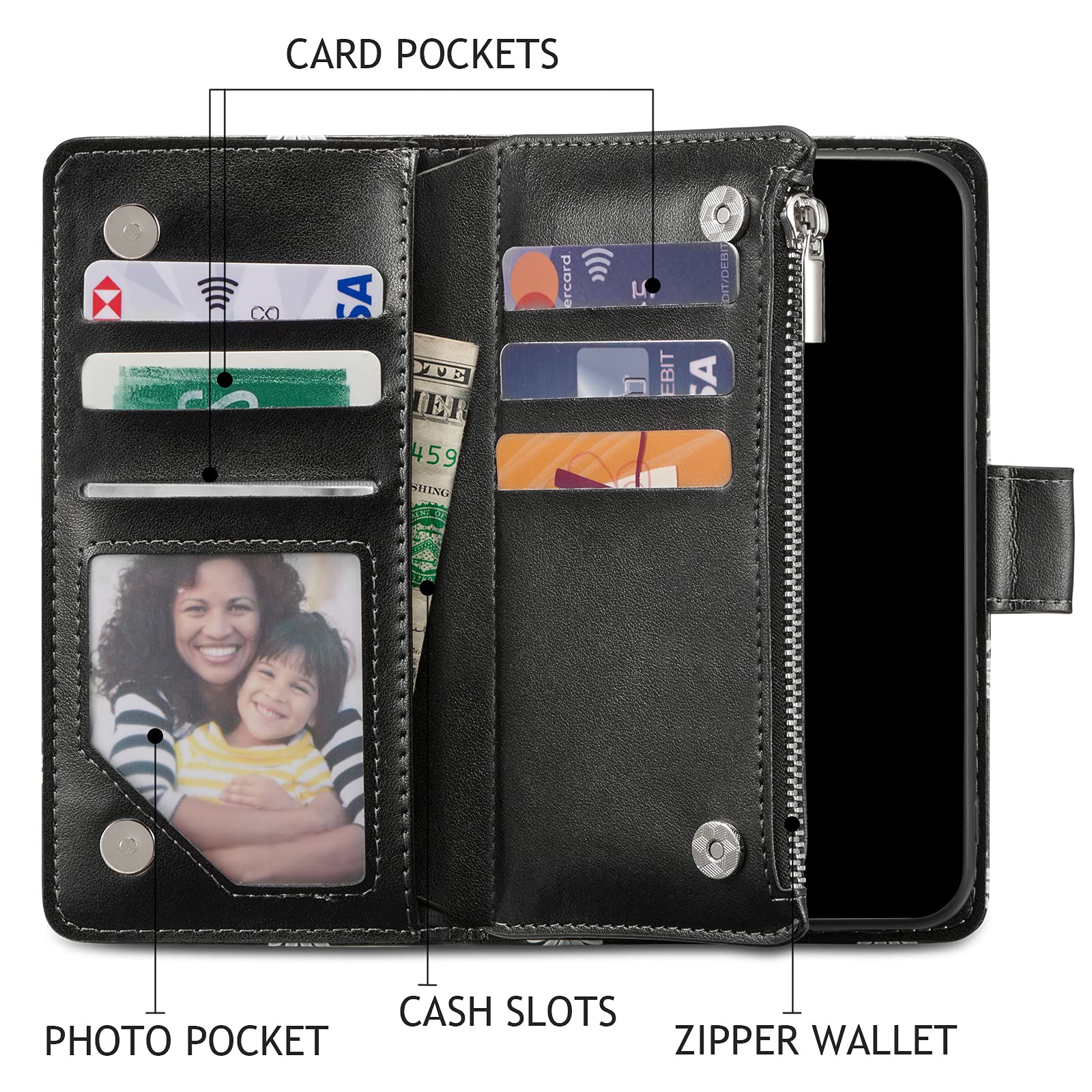 UEEBAI Premium PU Leather Wallet Case for iPhone 13 Pro Max - Magnetic Closure, Zipper Pocket, Kickstand & Card Slots with Hand Strap | Stylish Daisy Black Flip Case for Women | Perfect for Daily Use, Travel & Shopping