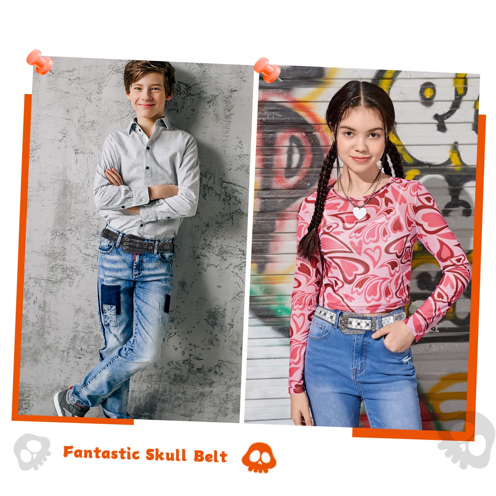 SUOSDEY Rhinestone Skull Leather Belt for Kids - Western Bling Cowboy Cowgirl Belt for Boys & Girls - Stylish Belt for Jeans & Pants - Perfect for Western Parties, Rodeos & Everyday Fashion