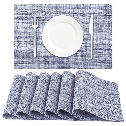 Premium Woven Vinyl Placemats Set of 4 - Waterproof & Washable Table Mats for Indoor/Outdoor Use - Blue & White Dining Decor for Kitchen, Patio, or Picnic