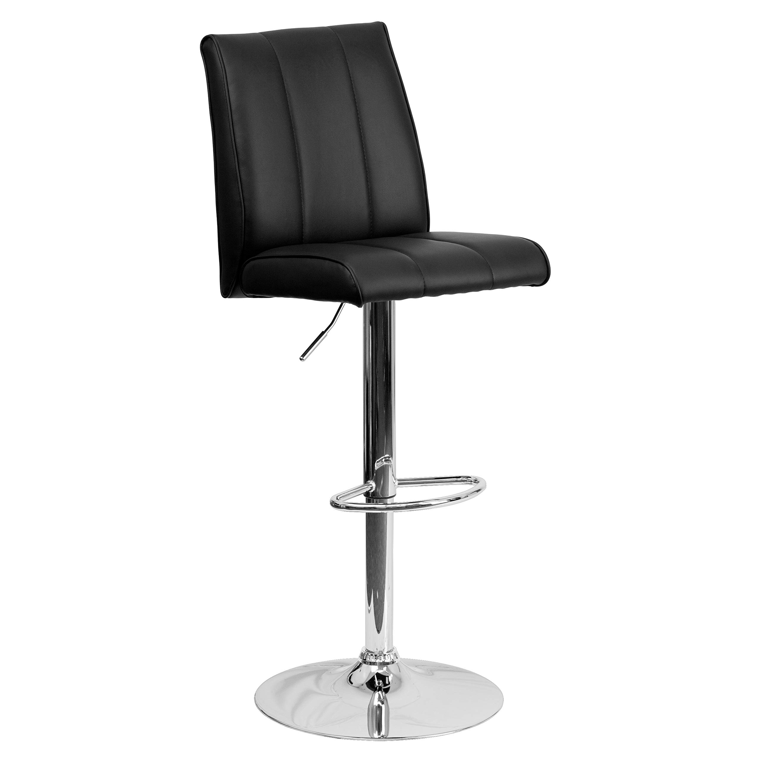 EMMA + OLIVER Black Vinyl Adjustable Height Bar Stool with Vertical Stitch Panel Back - Perfect for Kitchen Island, Breakfast Bar & Home Decor