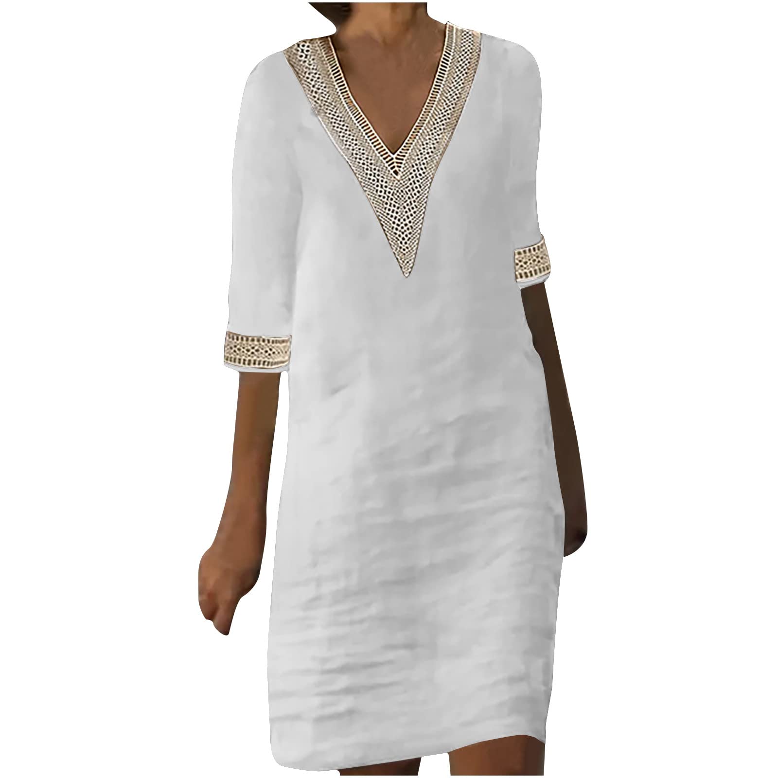 AMhomely Women's Summer Cotton Linen Midi Dress - Sleeveless V-Neck Beach Dress, Casual Straight Cut One Size - Perfect for Beach Vacations, Summer Outings & Casual Wear
