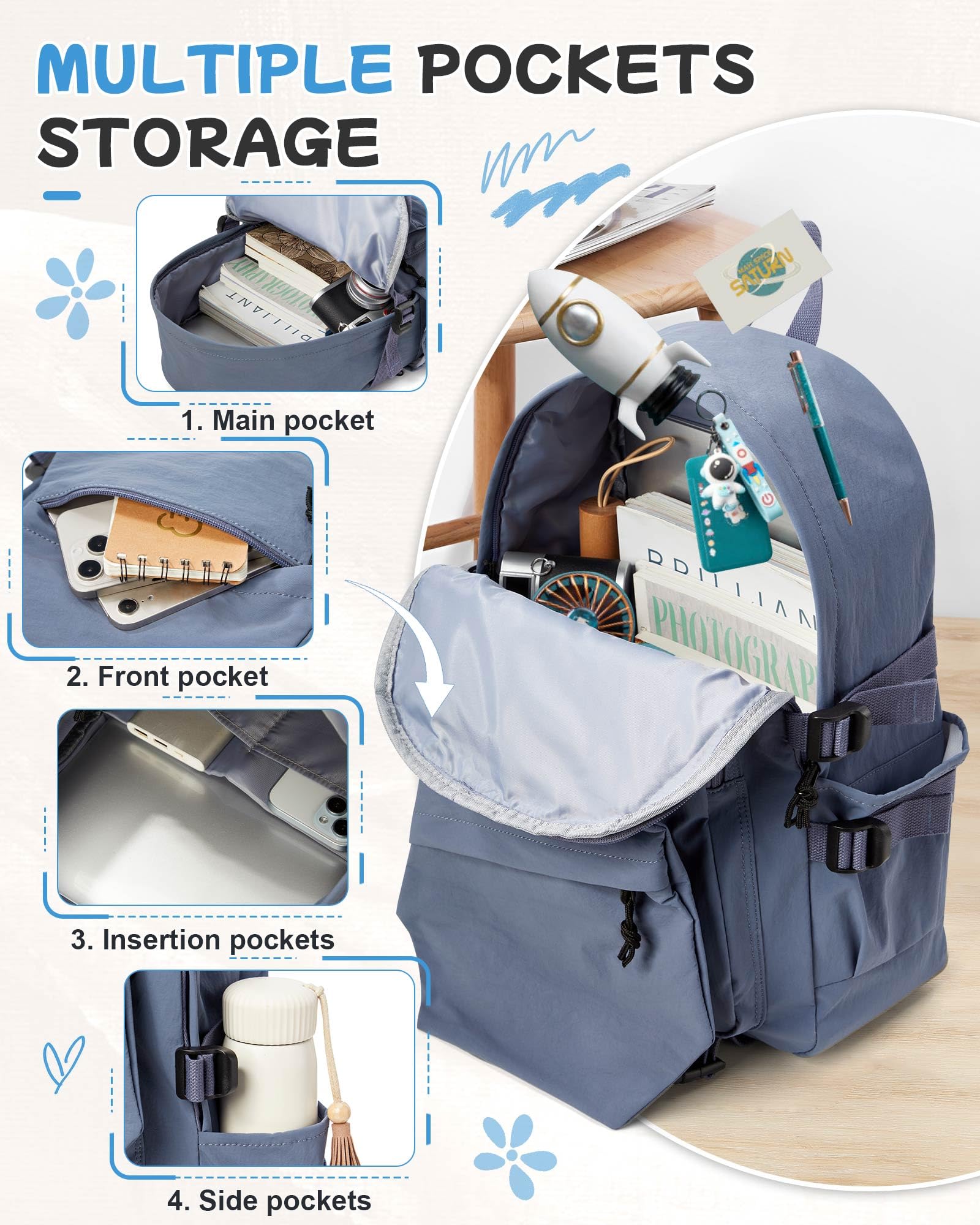 Blue Waterproof School Backpack for Girls & Boys - Lightweight Bookbag for Women, Men & College Students - Travel Rucksack & Casual Daypack with Laptop Compartment - Perfect for School, Work & Outdoor Adventures