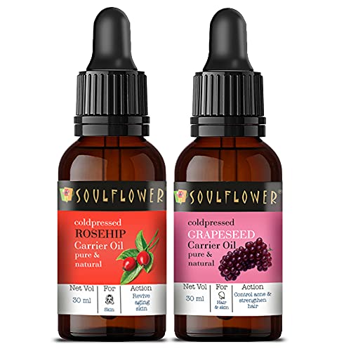 100% Pure Organic Rosehip & Grapeseed Carrier Oil Set - 2x30ml Undiluted Natural Oil for Dark Circles & Hair Care | Free Dropper Included | Perfect for Skincare Routine & DIY Beauty Treatments