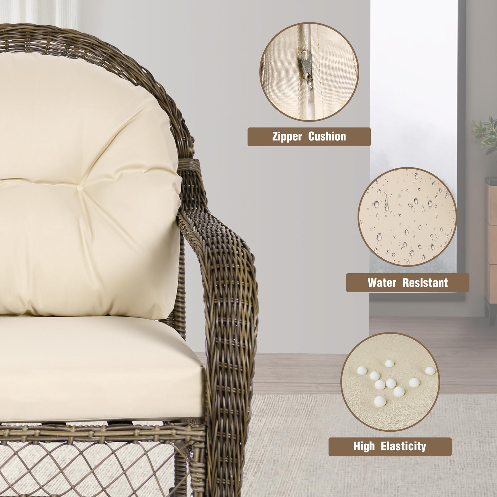 DECMICO 2-Piece Wicker Rocking Chair Set with Cushions & Side Table - 3-Piece Outdoor Patio Furniture for Backyard, Garden, Balcony - Beige Bistro Conversation Set for Relaxing & Entertaining