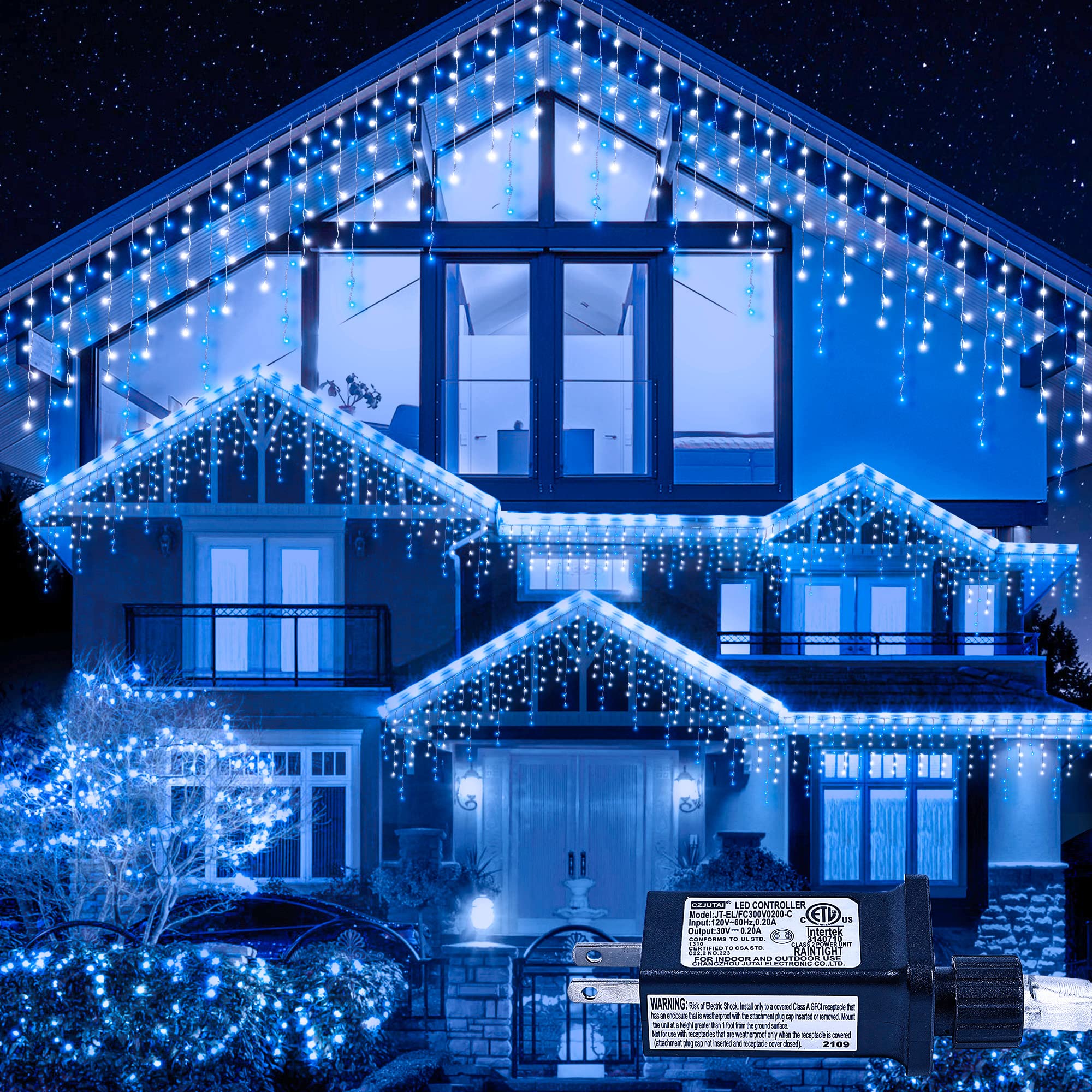 300 LED 33ft Icicle Lights Outdoor Decorations - 8 Modes Waterproof Fairy String Lights with 50 Drops for Christmas, Wedding, Party & Holiday Decor | Indoor/Outdoor Use - Blue & White Color | Perfect for Home, Garden, Patio, and Event Lighting