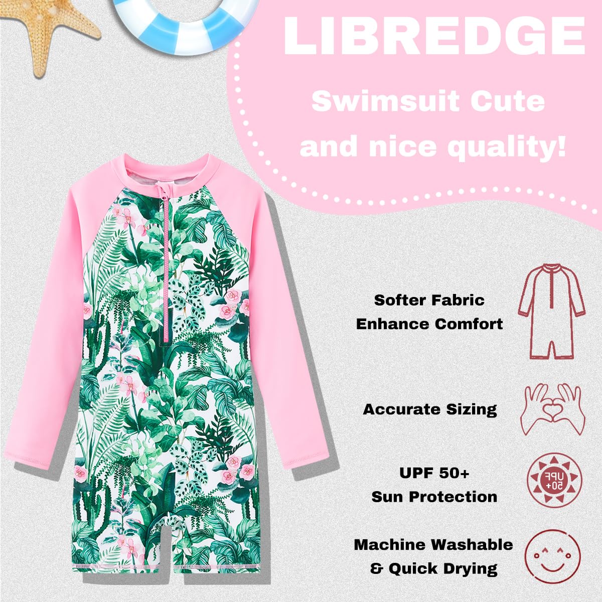 Girls Long Sleeve Rash Guard Swimsuits with Zipper - UPF 50+ Sun Protection for Swimming, Surfing & Beach Activities