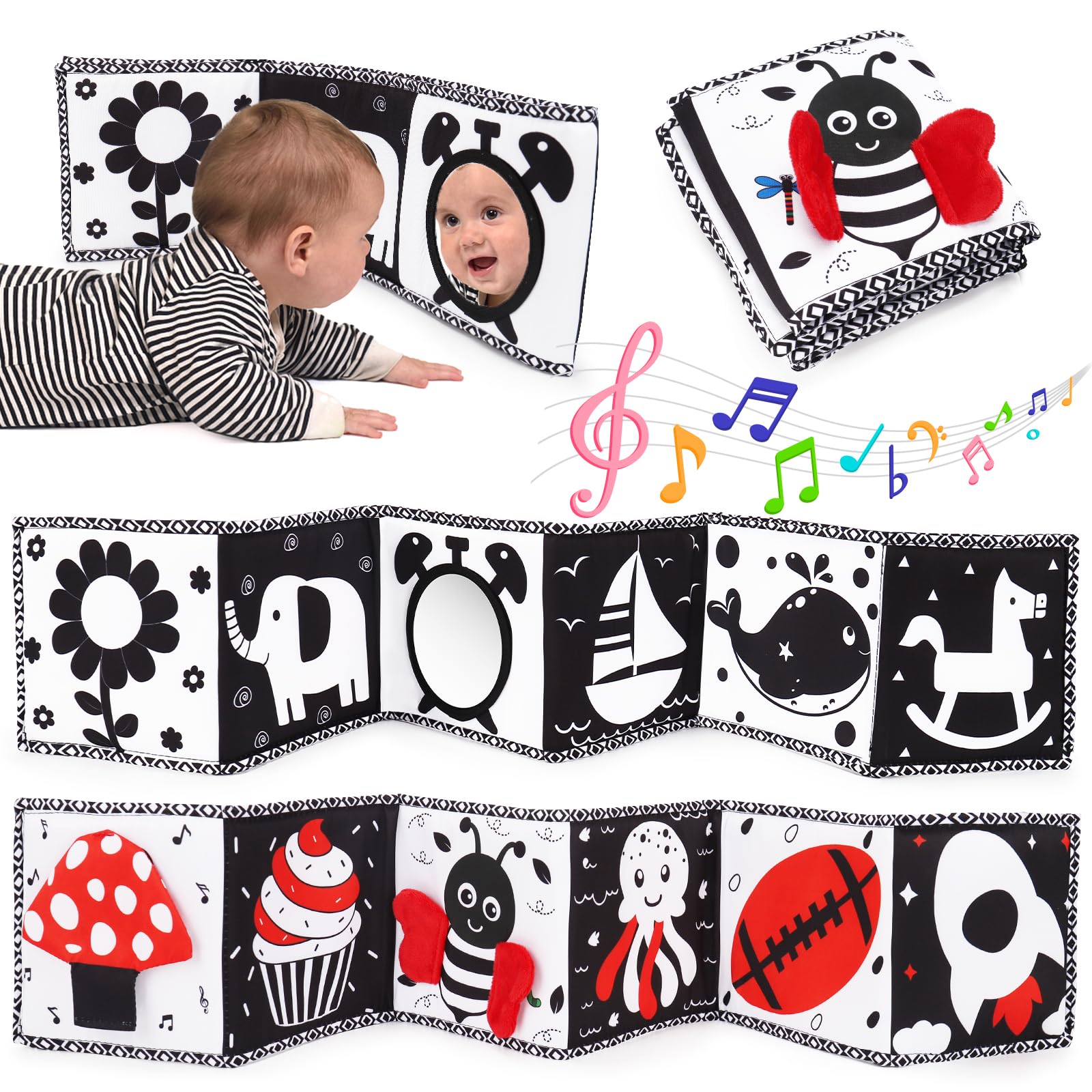 High Contrast Baby Toys 0-12 Months - Soft Sensory Books for Newborns 0-3 Months | Montessori Toys for Brain Development | Tummy Time & Shower Gifts for Infants (Black & White) - Perfect for Nursery, Playtime & Early Learning