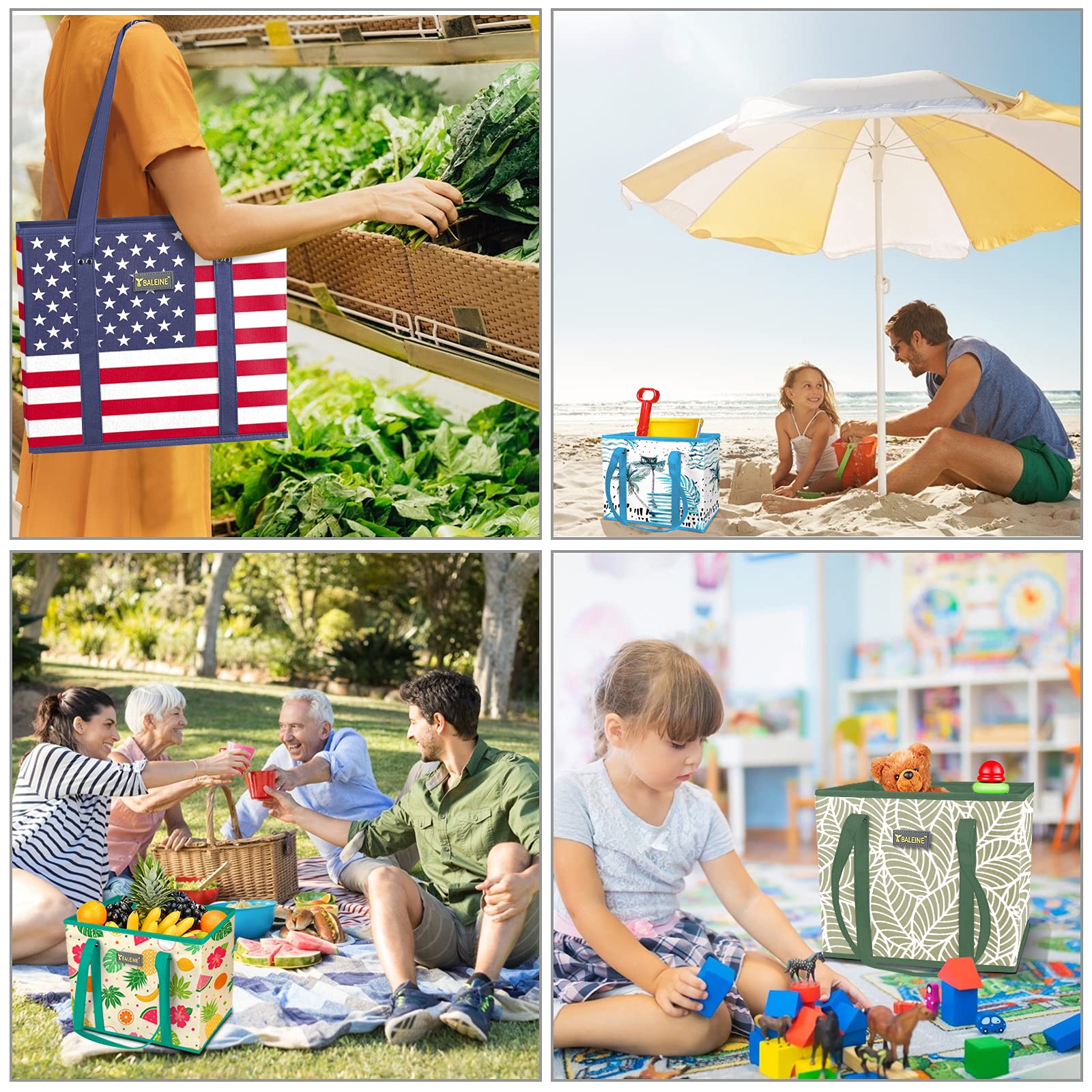 BALEINE 3-Pack Reusable Grocery Bags - Foldable Shopping Tote with Reinforced Bottom & Handles for Supermarket, Farmers Market & Travel (Antique Foliage Design) | Eco-Friendly & Durable for Daily Shopping & Errands