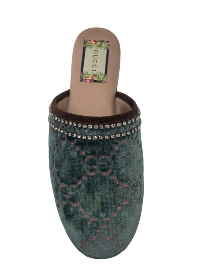 Gucci Velvet GG Monogram Crystal Mules for Women - Size 37 (US 7) - Luxury Designer House Slippers for Home, Parties & Special Occasions