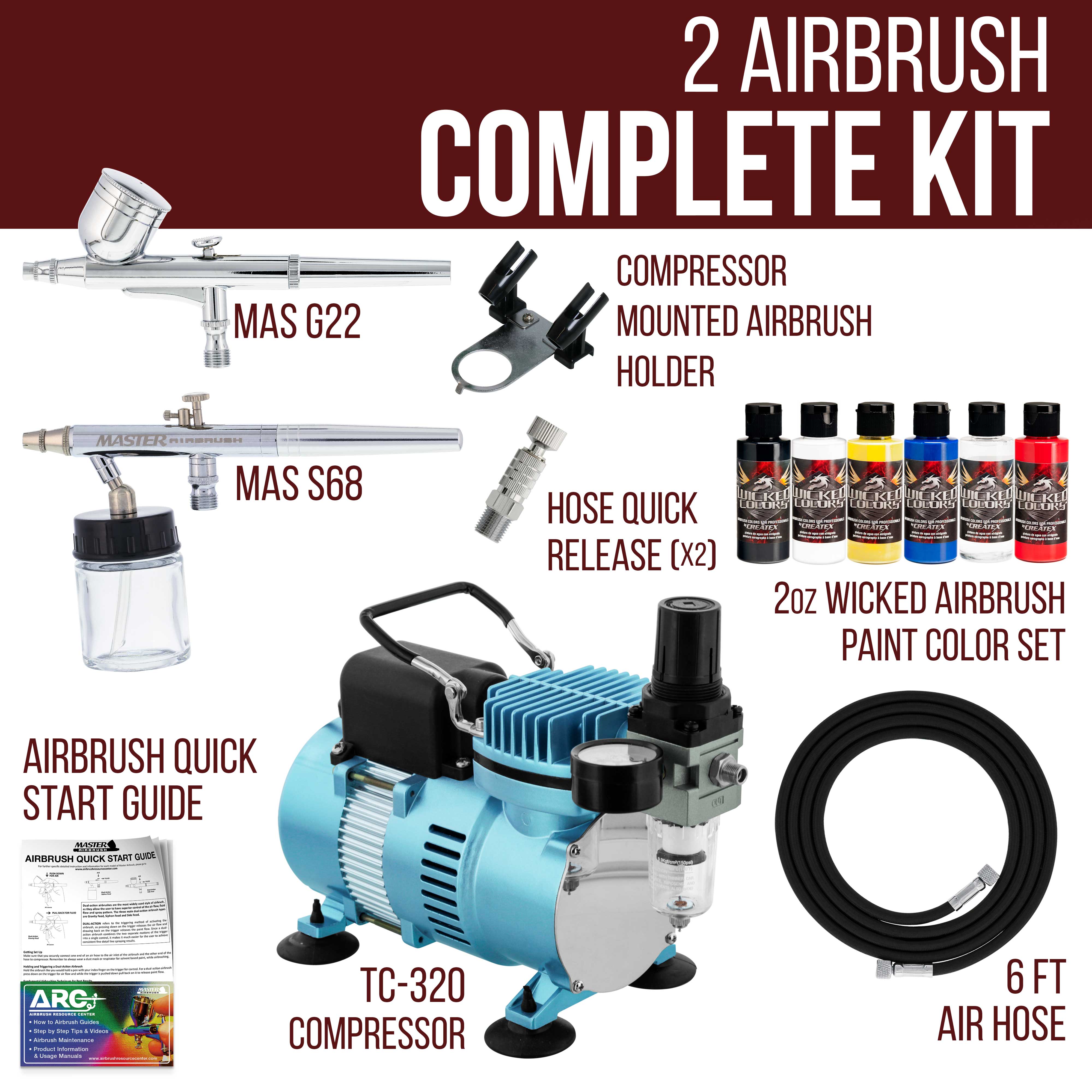 Professional Airbrush Kit with Cool Runner II Dual Fan Air Compressor - Complete Set with Air Hose & 6 Wicked Createx Colors - Perfect for Model Painting, T-Shirt Design, Cake Decorating & DIY Art Projects