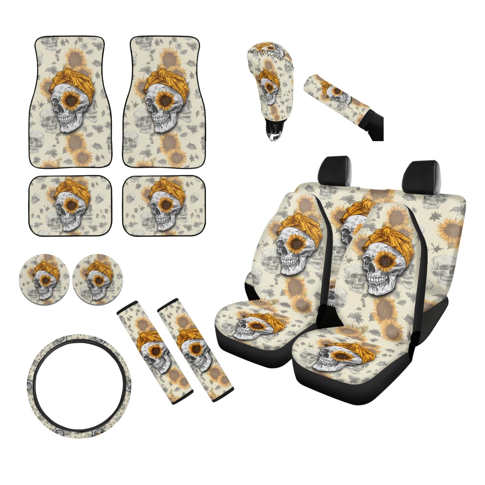 **Sunflower Skull Car Accessories Set - 15pcs (Seat Covers, Floor Mats, Steering Wheel Cover, Seatbelt Pads, Coasters, Gear Shift & Handbrake Covers) - Unique Auto Interior Decor for Cars, Trucks & SUVs - Perfect for Gothic, Punk & Biker Style Enthusiasts**