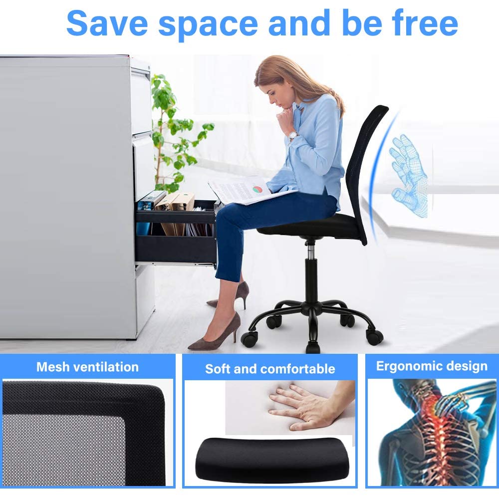 Ergonomic Home Office Chair - Adjustable Height Mesh Computer Chair with Wheels, Mid Back Support, No Armrest, Modern Swivel Task Chair for Students & Professionals - Perfect for Small Spaces & Long Work Sessions