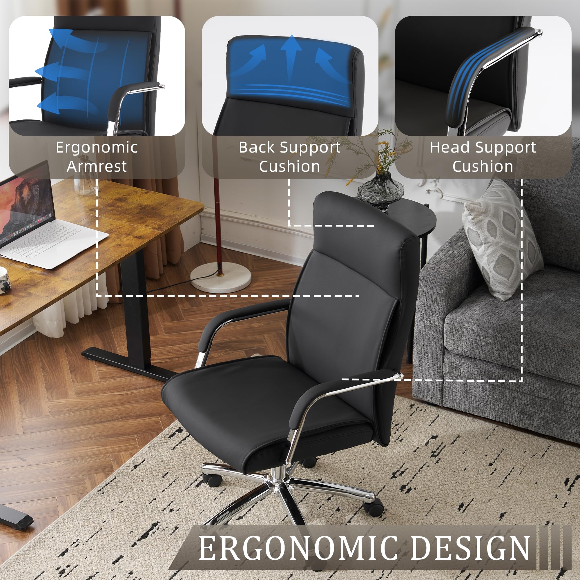 Ergonomic High Back Executive Office Chair with Adjustable Height, Lumbar Support & Rocking Function - Faux Leather Managerial Desk Chair for Home & Office (Black) - Perfect for Long Work Hours, Gaming & Conference Rooms