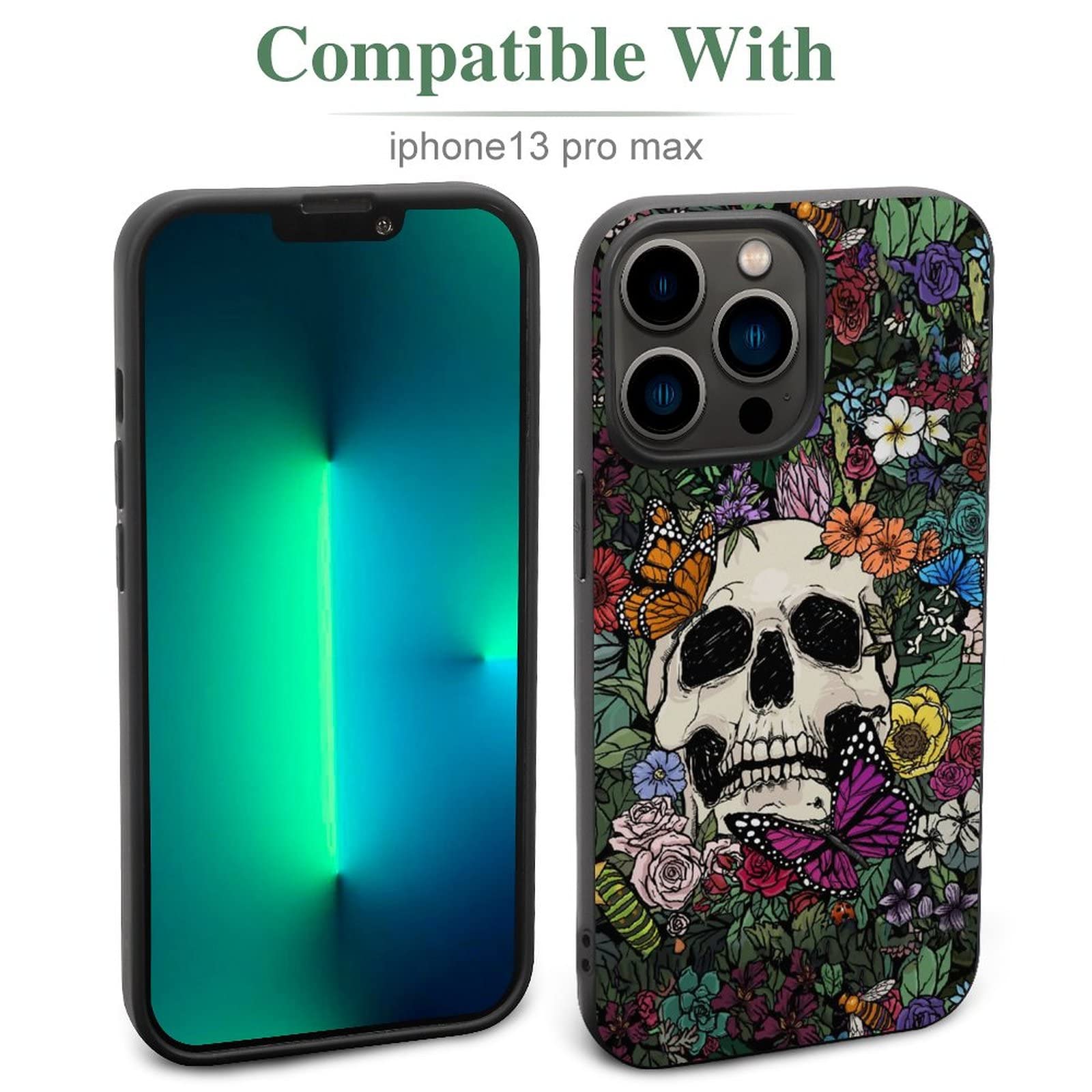 YASHILAIYA iPhone 13 Pro Max Case for Women - Skull with Butterflies & Flowers Design, Slim Soft TPU Shockproof Protective Cover (6.7