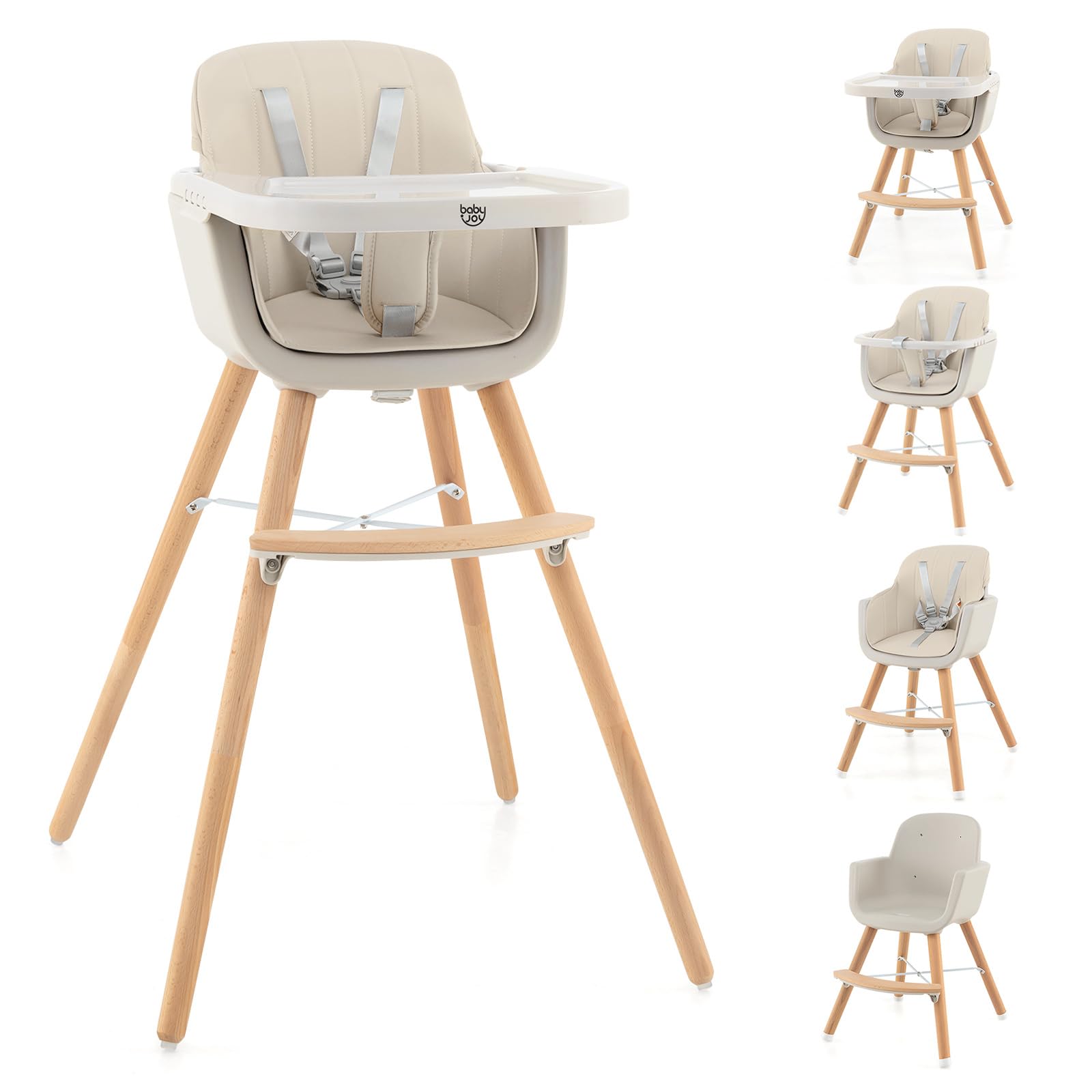 BABY JOY 3-in-1 Convertible Wooden High Chair - Adjustable Baby Highchair with Removable Tray, 5-Point Safety Harness, PU Cushion & Footrest - Infant to Toddler Booster Seat (Beige) - Perfect for Dining, Feeding & Playtime at Home