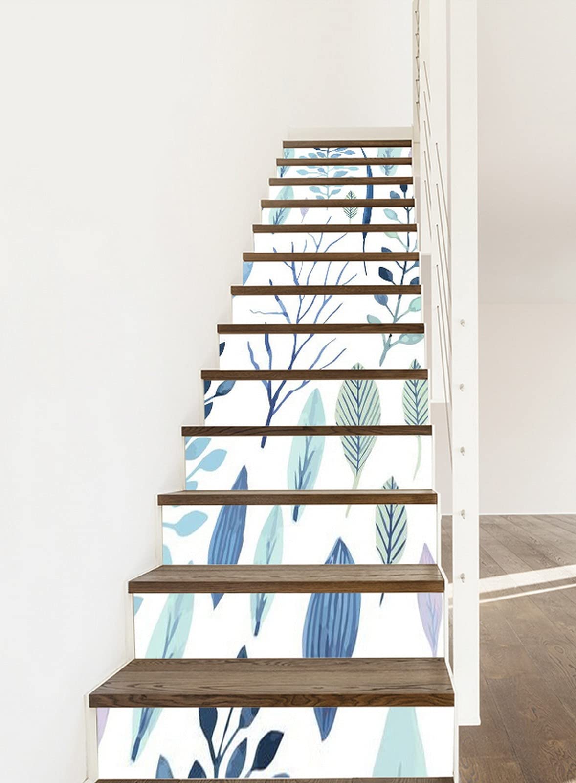 A.Monamour 3D Self-Adhesive Removable Stair Stickers - Watercolor Leaf Floral Pattern Vinyl Decals for Stairs, Kitchen Tiles & Walls (13-Piece Set) - Perfect for Home Decor, DIY Projects & Rental Apartment Upgrades