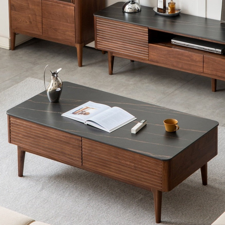 Solid Black Walnut Wood Coffee Table with Natural Slate Top - Perfect for Living Room, Lounge & Modern Home Decor