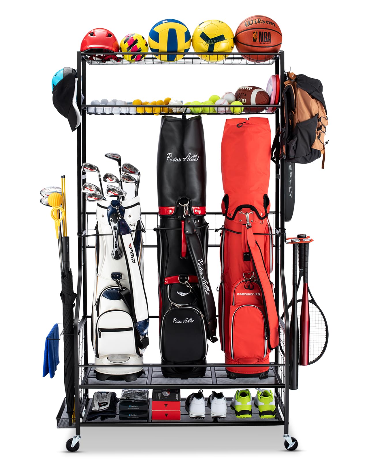 Heavy Duty Golf Bag Storage Rack with Wheels - 3 Golf Bag Stand Organizer for Garage, 4 Hooks & Extra Golf Club Display - Perfect for Golf Equipment Storage & Sports Gear Organization (Ideal for Home Garage, Basement, or Clubhouse Storage)