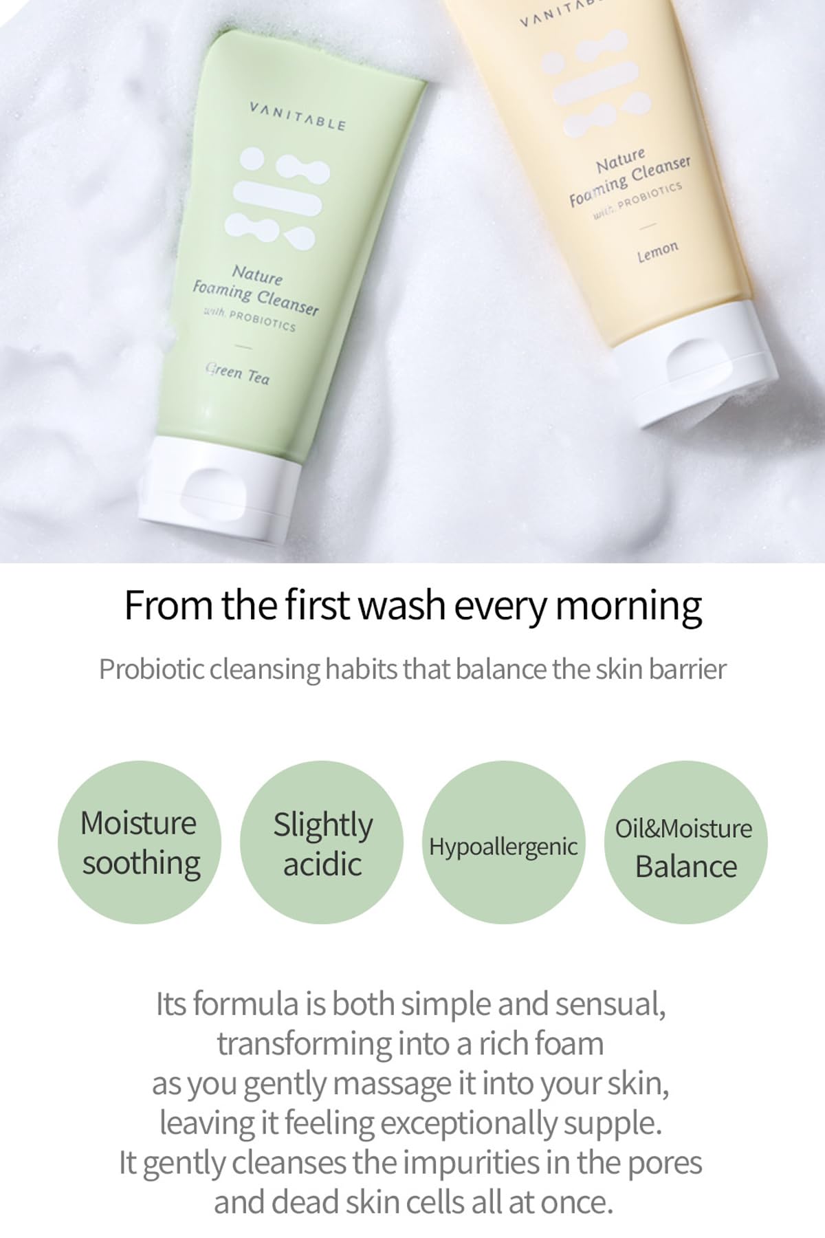 Vanitable Probiotic Foaming Facial Cleanser - Natural Green Tea, Rose & Lavender Formula for Gentle Exfoliating & Soothing Face Wash (6.09 fl oz) | Perfect for Sensitive Skin & Daily Skincare Routine