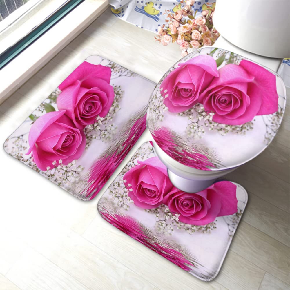 Zaueky Red Rose 3-Piece Bathroom Rug Set - Non-Slip Bath Mat with Rubber Backing, U-Shaped Contour Rug & Toilet Lid Cover - Floral Water Reflection Design for Bathroom Decor & Safety