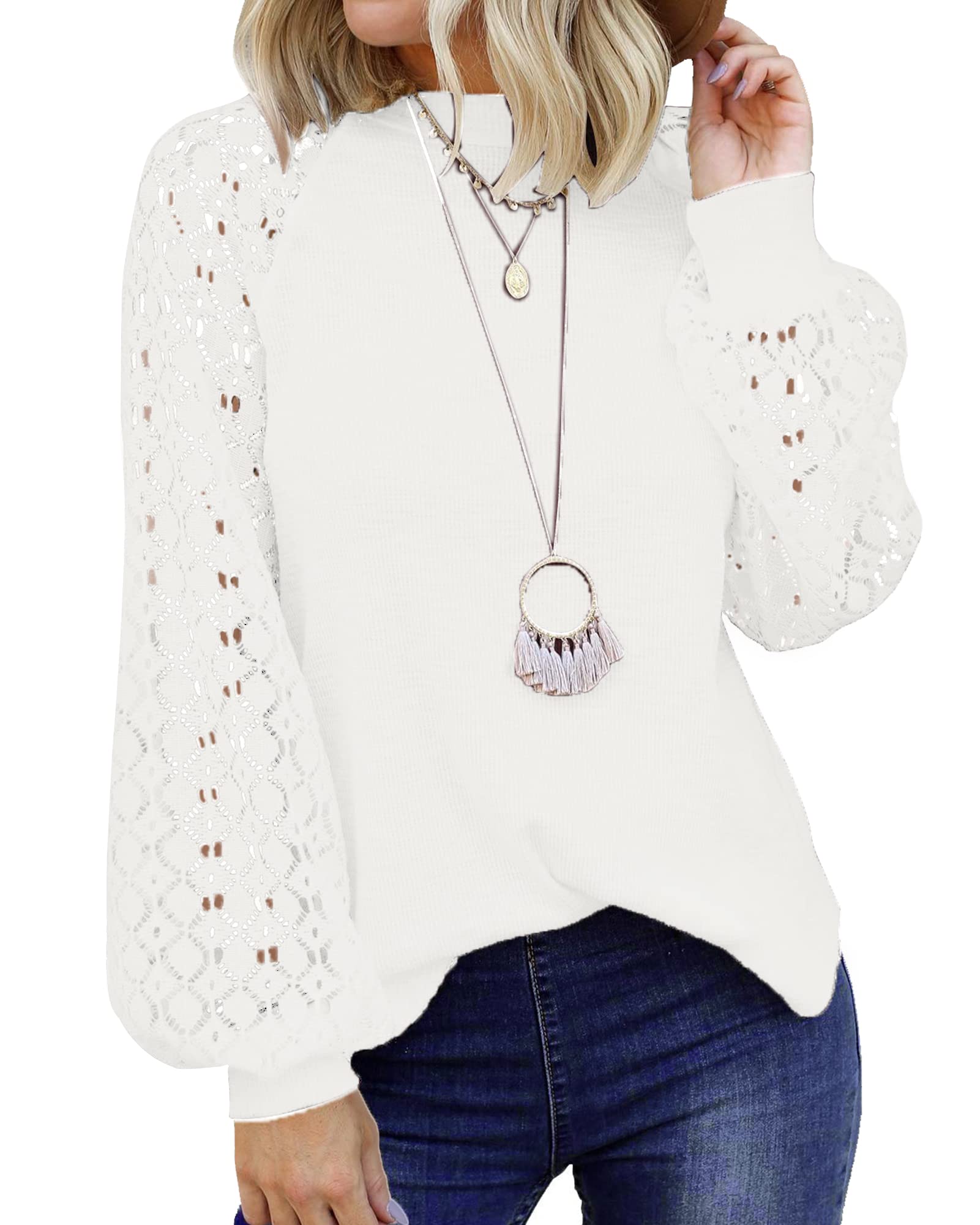 PLOKNRD Women's Long Sleeve Tops - Lace Waffle Knit Casual Blouse T-Shirt for Women | Soft & Comfortable Loose Fit Shirt | Perfect for Fall, Winter, Office Wear & Date Nights