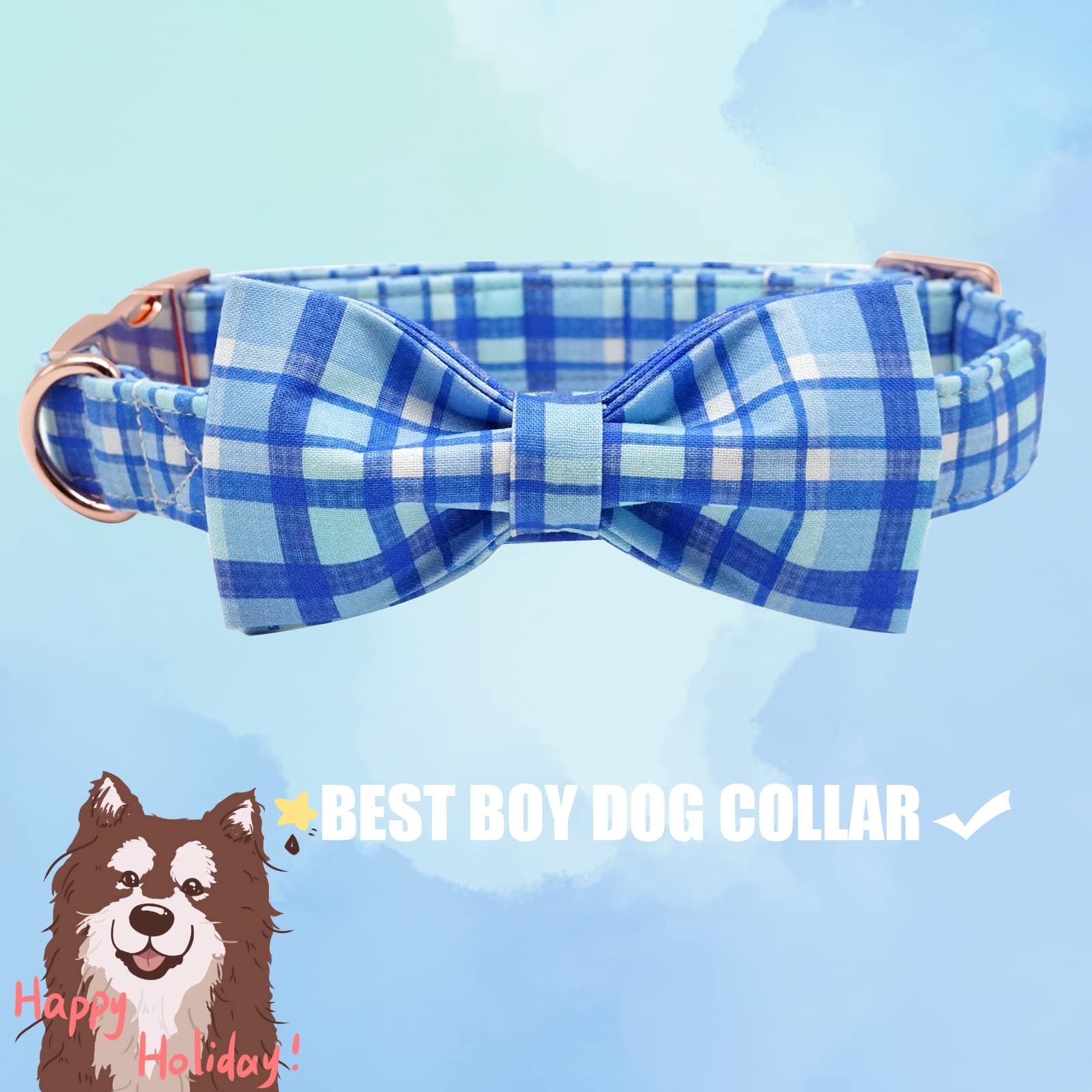 Elegant Blue Plaid Dog Collar with Bow Tie - Adjustable Pet Collar for Large Dogs | Perfect for Special Occasions & Photo Shoots