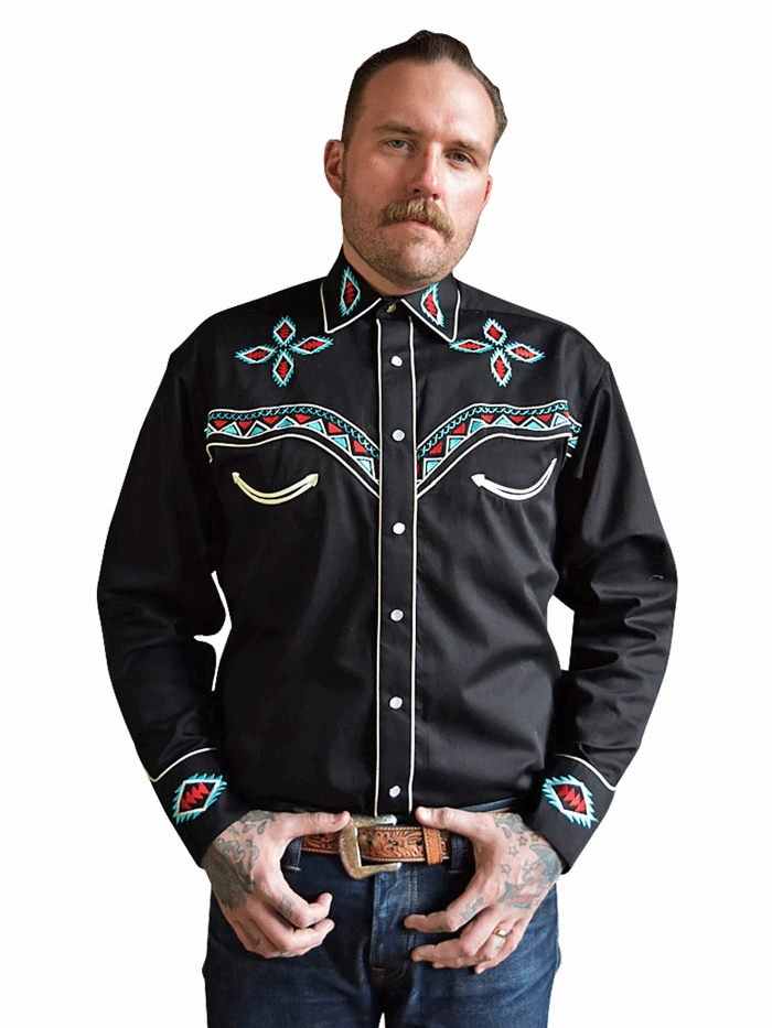 Rockmount 6860 Men's Western Shirt with Native American Embroidery - Black Plaid Cowboy Shirt for Rodeo, Country Music Festivals & Western Style Outfits