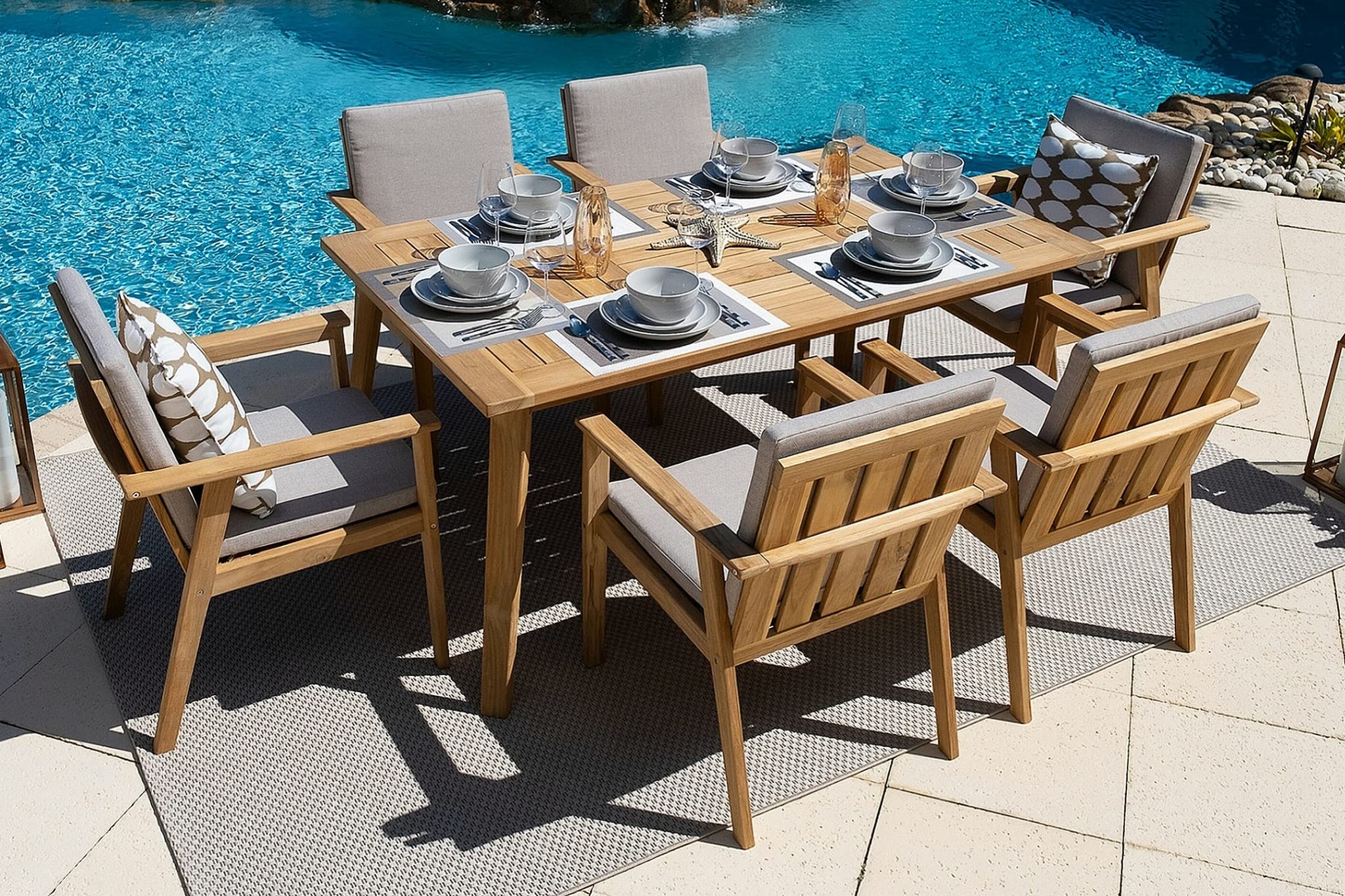 Premium Laguna 7-Piece Teak Wood Outdoor Patio Dining Set - Weather-Resistant Table & 6 Armchairs for Garden, Poolside & Backyard Entertaining