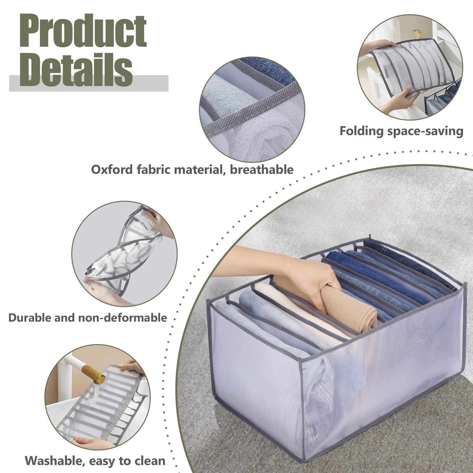 TOOVREN Extra Large 9-Grid Jeans Organizer - Foldable Drawer Closet Storage with Washable Compartments (3-Pack) | Perfect for Denim, Pants & Clothing Organization in Bedroom, Closet or Dorm