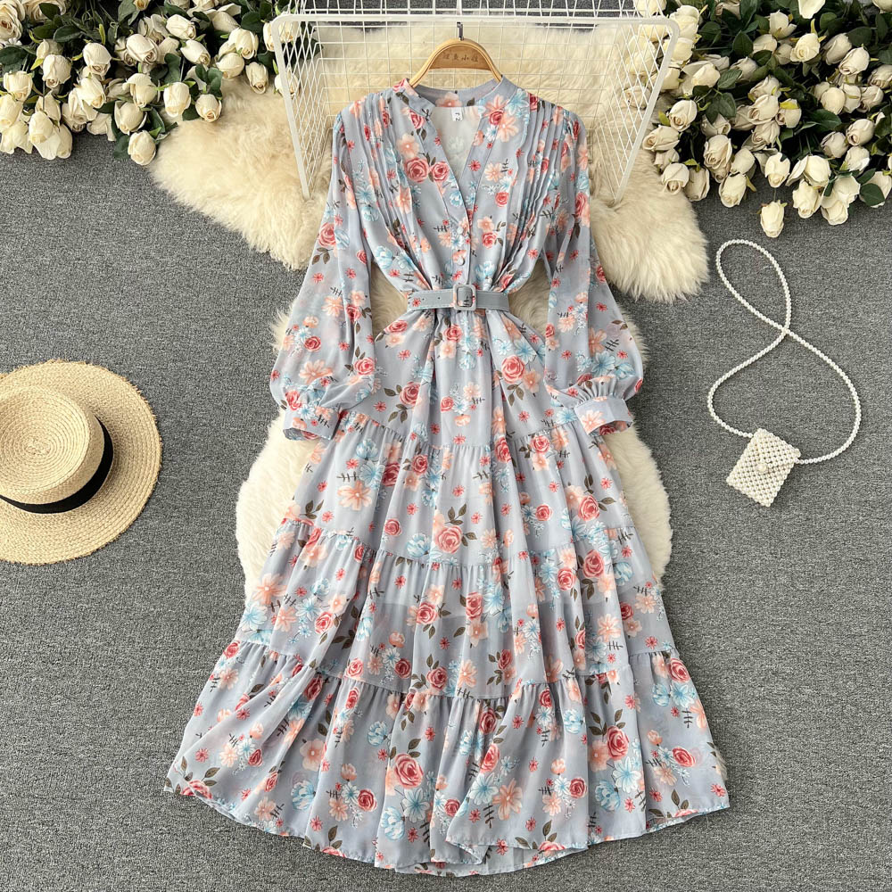 Elegant Floral Chiffon V-Neck Long Sleeve Dress for Women - Spring Fairy Sweet Dress - Perfect for Weddings, Parties & Romantic Dates