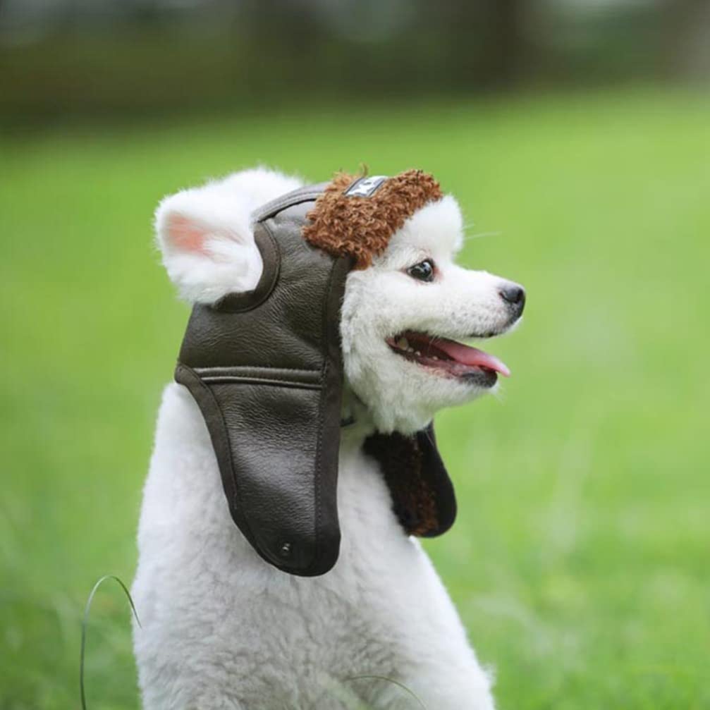 PU Leather Dog Pilot Hat - Winter Costume & Creative Makeup Cap for Small Medium Dogs - Dark Brown Aviator Style Pet Accessory for Cold Weather & Photo Shoots