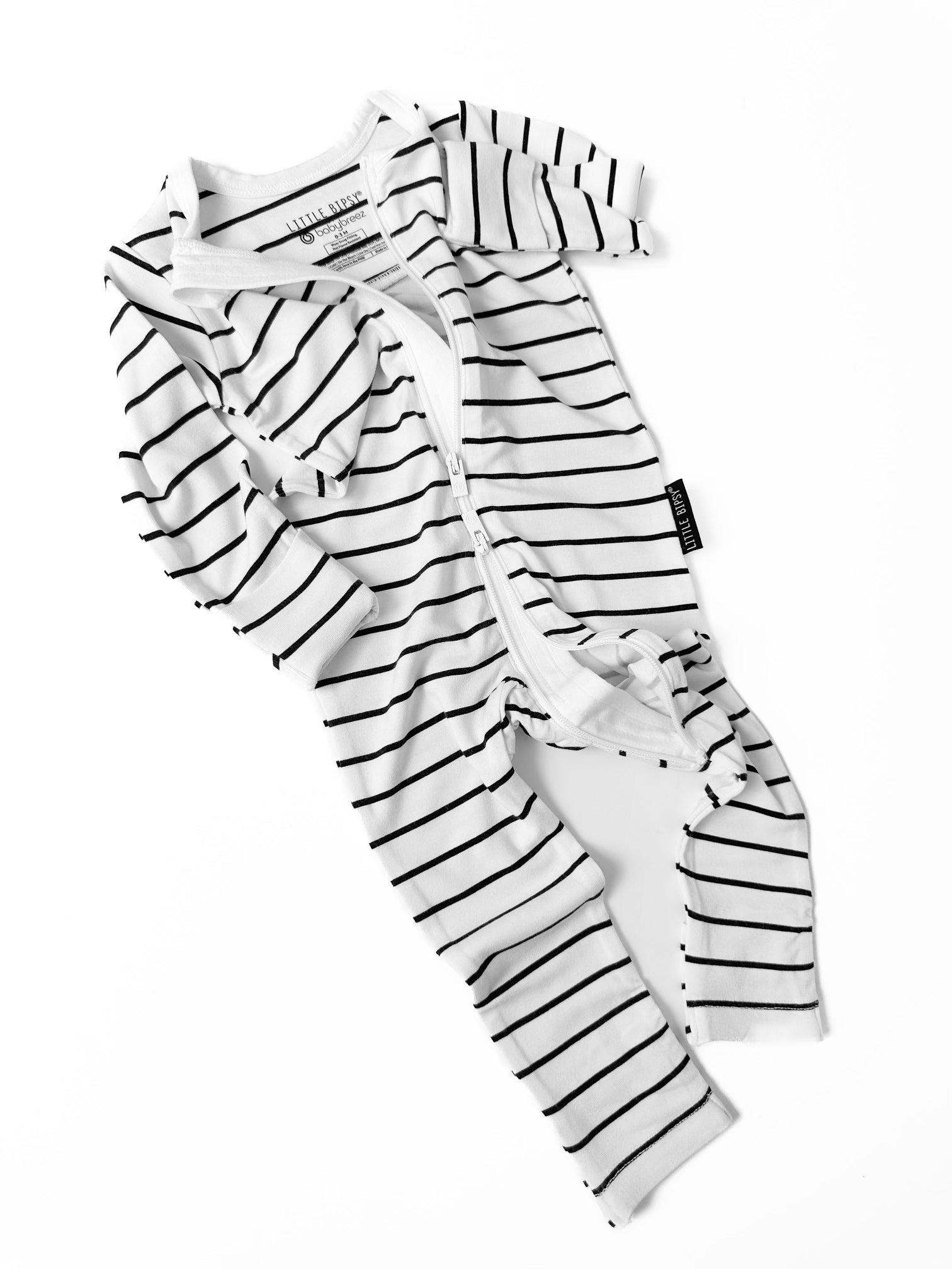 LB x Baby Breez Long Sleeve Pinstripe Romper Pajamas for Boys & Girls - Soft Cotton Sleepwear, White and Black Striped - Perfect for Bedtime, Lounging & Family Photos