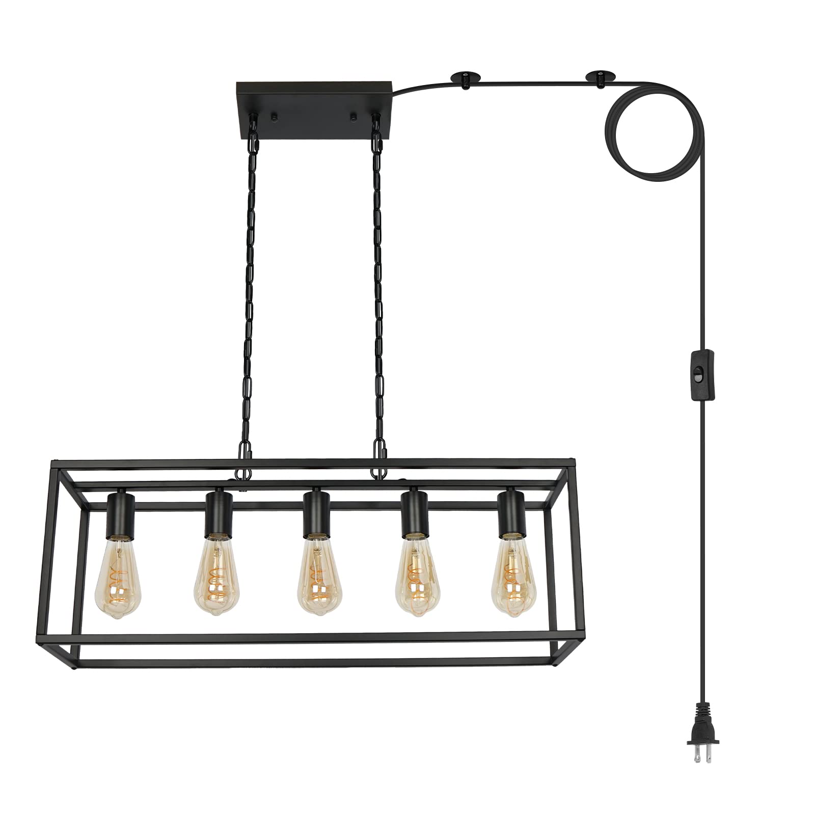 ZOSIMIO Black Farmhouse Plug-in Kitchen Island Lighting - Industrial Modern 5-Light Linear Chandelier with 17.5ft Cord - Rectangular Light Fixture for Dining Room, Living Room, Bar & Restaurant - Perfect for Farmhouse, Industrial & Modern Home Decor