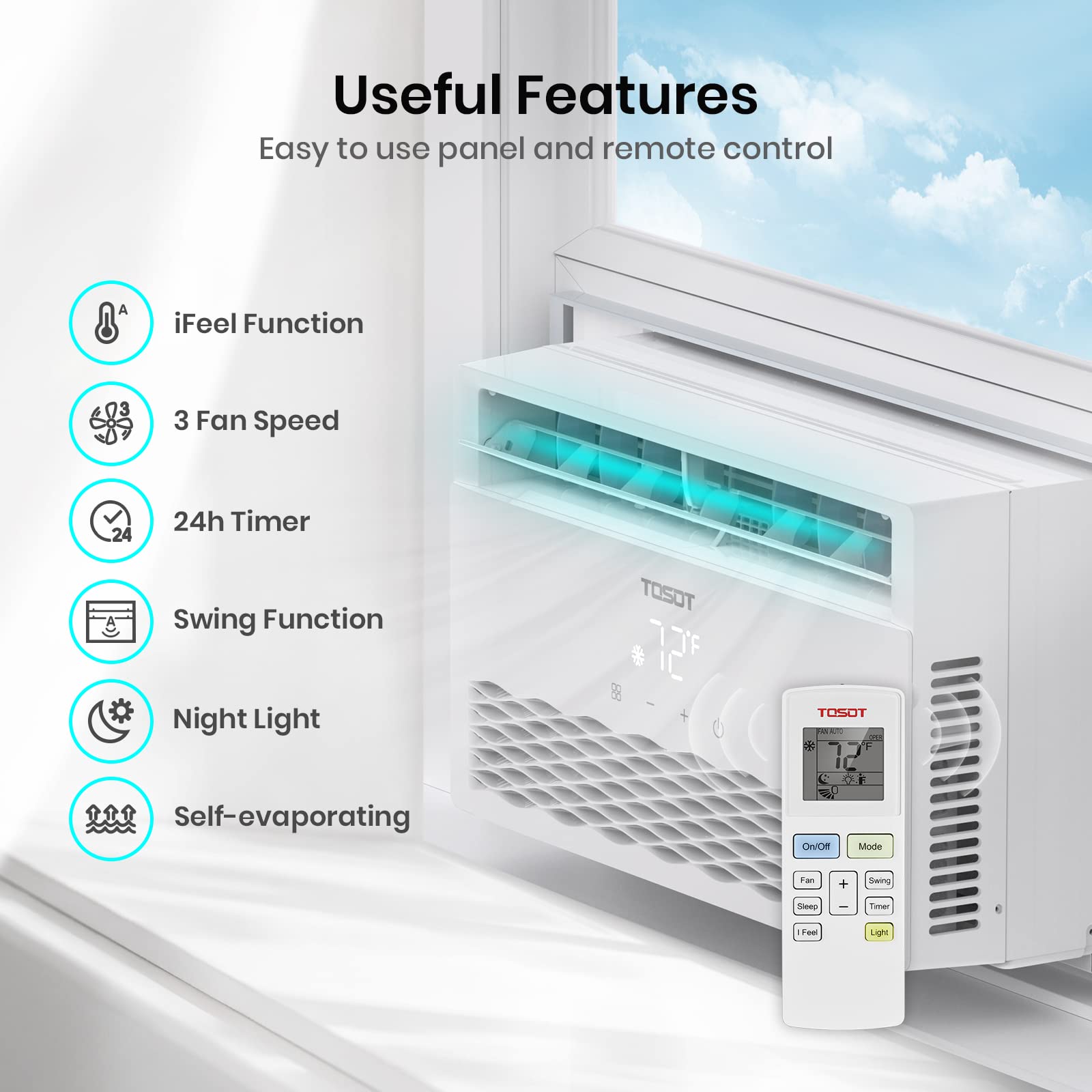 TOSOT 10,000 BTU Energy Efficient Window Air Conditioner with Modern Design, Smart Temperature-Sensing Remote - Perfect for Bedrooms, Living Rooms & Small Spaces