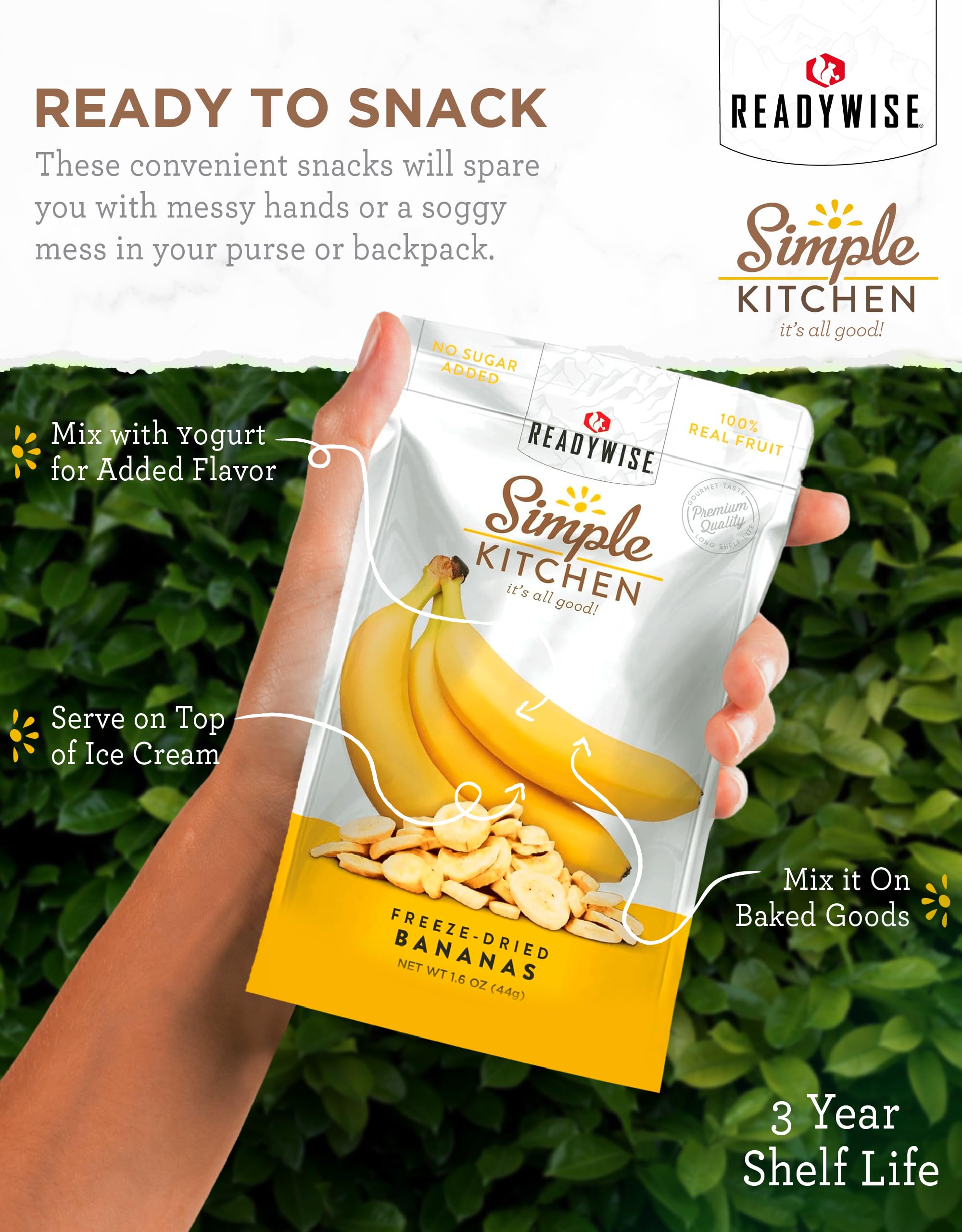 ReadyWise Freeze-Dried Bananas - 24 Servings (Pack of 6) | Gluten Free, Vegetarian Healthy Snacks | Perfect for Pre-Workout, Camping, Backpacking & Emergency Food Storage