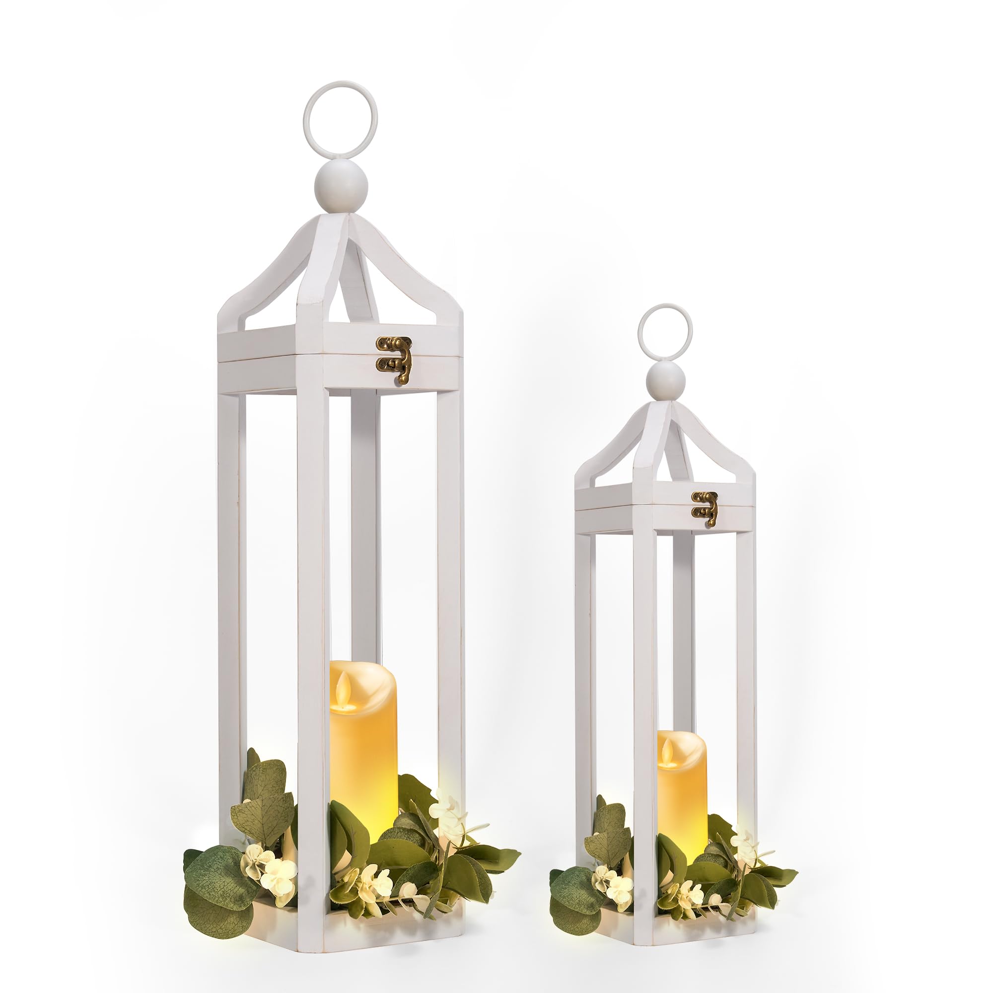 Large Rustic Farmhouse White Wood Lantern Set of 2 - Tall Modern Candle Lanterns with Timer & Flickering LED for Christmas Decor | Indoor Outdoor Fireplace Mantle Holiday Decoration | Perfect for Living Room, Porch, Wedding & Seasonal Home Decor