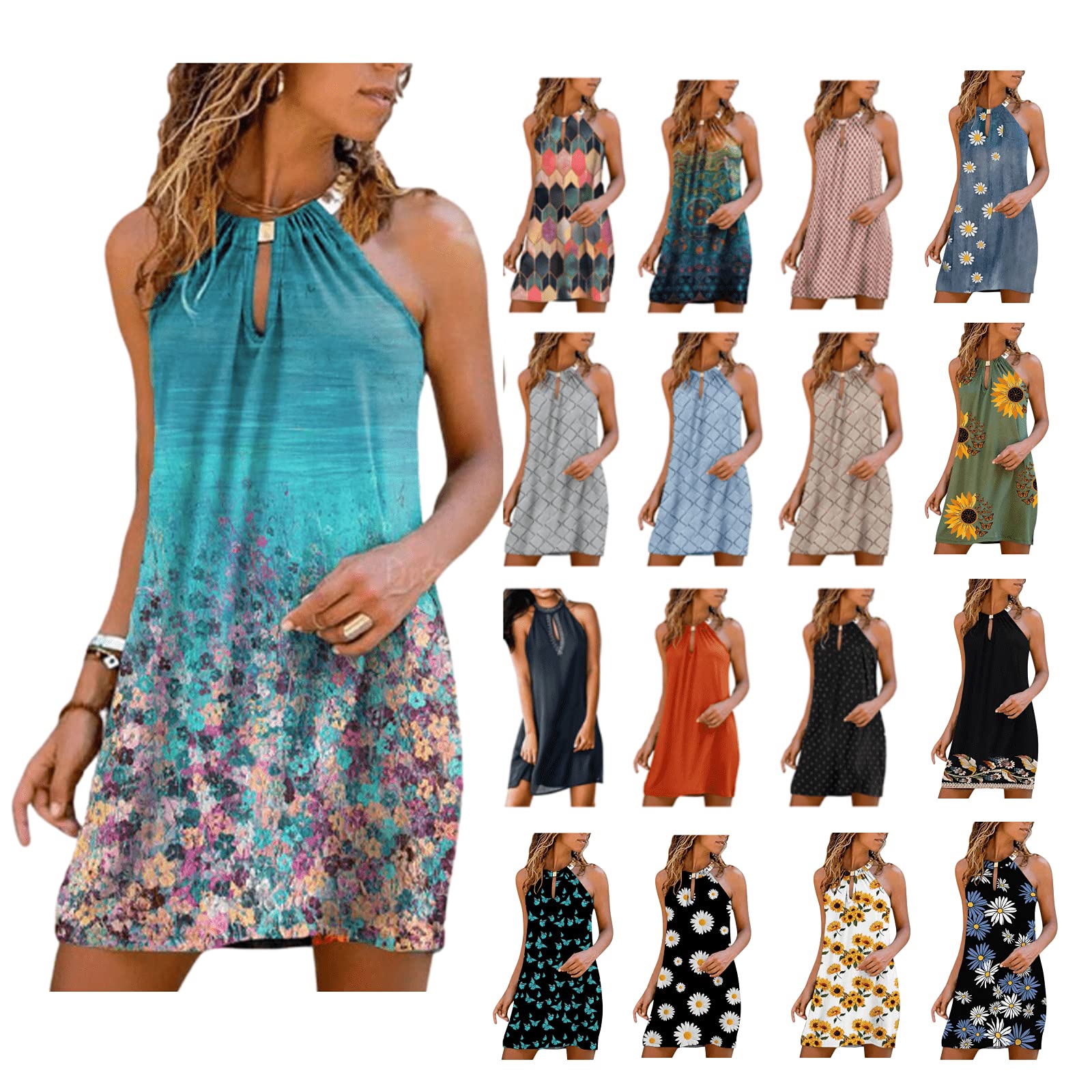 Women's Nulairt Halter Dress - Sleeveless Boho Mini Sun Dress for Summer 2024 | Casual Beach Party Outfit, Vacation Wear & Outdoor Date Night Dress