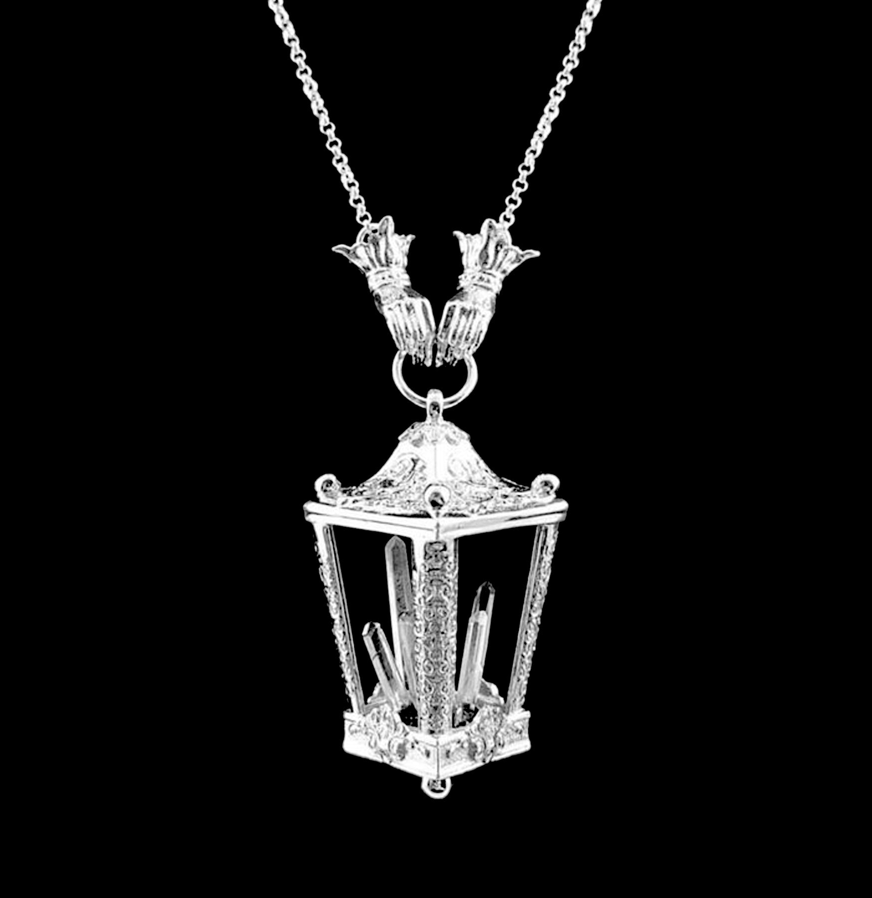 Polished Sterling Silver Charon’s Lantern Pendant Necklace with Genuine Quartz Crystal - Perfect for Gothic Jewelry Lovers, Witchy Aesthetic & Spiritual Healing