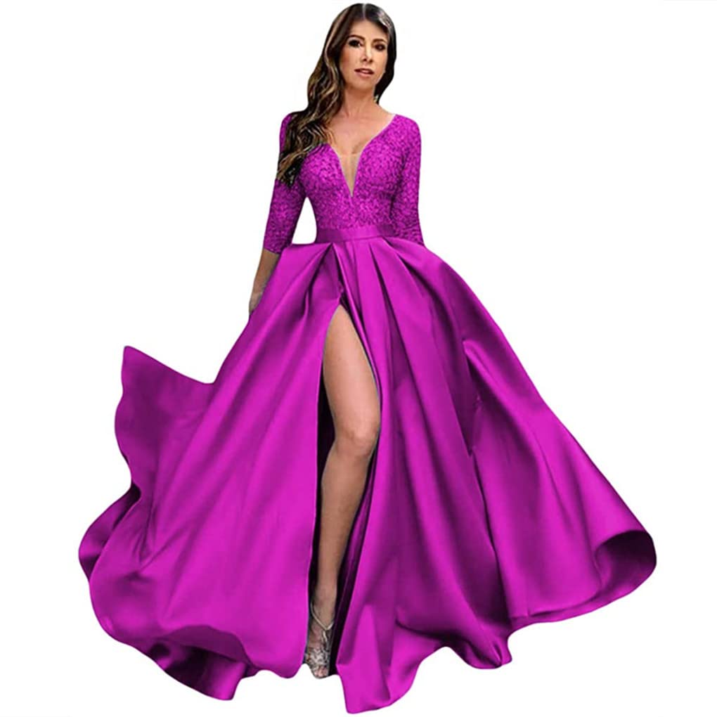 Elegant Satin Evening Dress for Women - V-Neck 3/4 Sleeve Formal Gown with Lace Detail & Side Slit | Perfect for Prom, Cocktail Party, Wedding Guest & Special Occasions