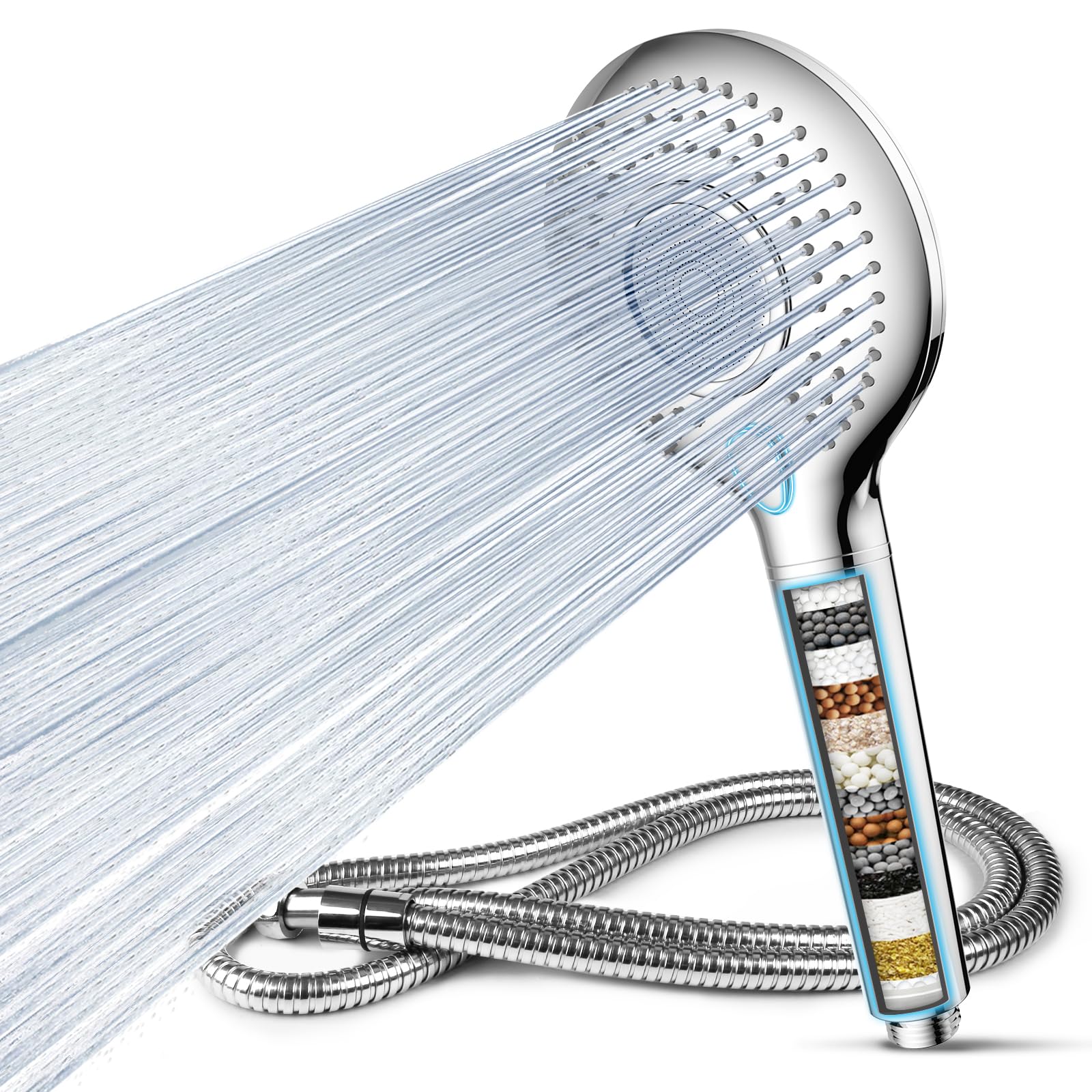 MEKO 15-Stage Hard Water Filter Shower Head with 3 Spray Modes - High Pressure Handheld Shower Head with 1.5m Hose - Chlorine Removal Shower Filter for Dry Skin & Hair Care - Perfect for Bathroom, Spa & RV Use (Silver)